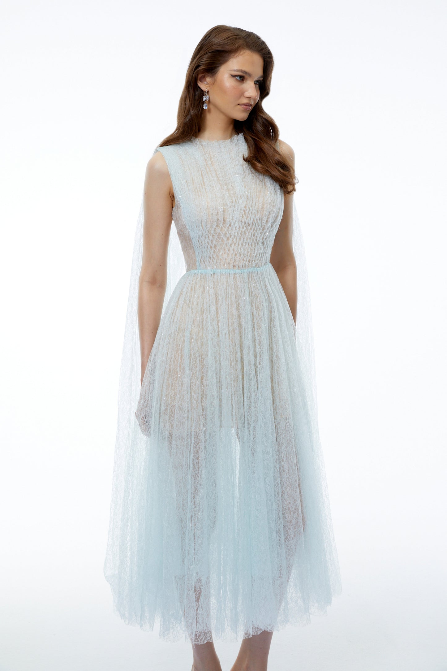 Margareta Ice Blue High Neck Ruched Midi Dress