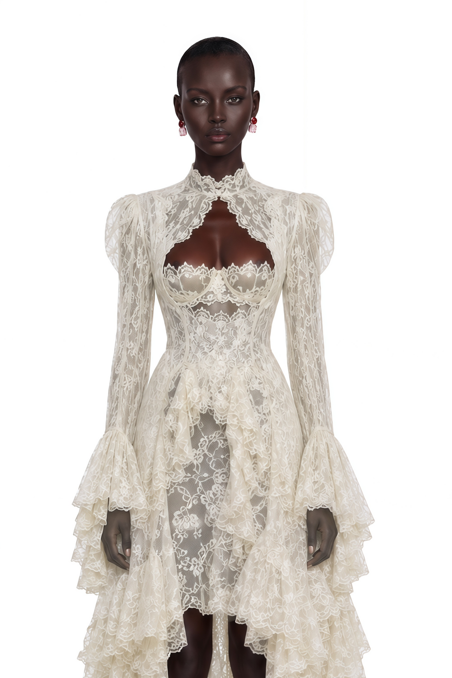 Mariella Ivory Asymmetrical Floral Lace Midi Dress