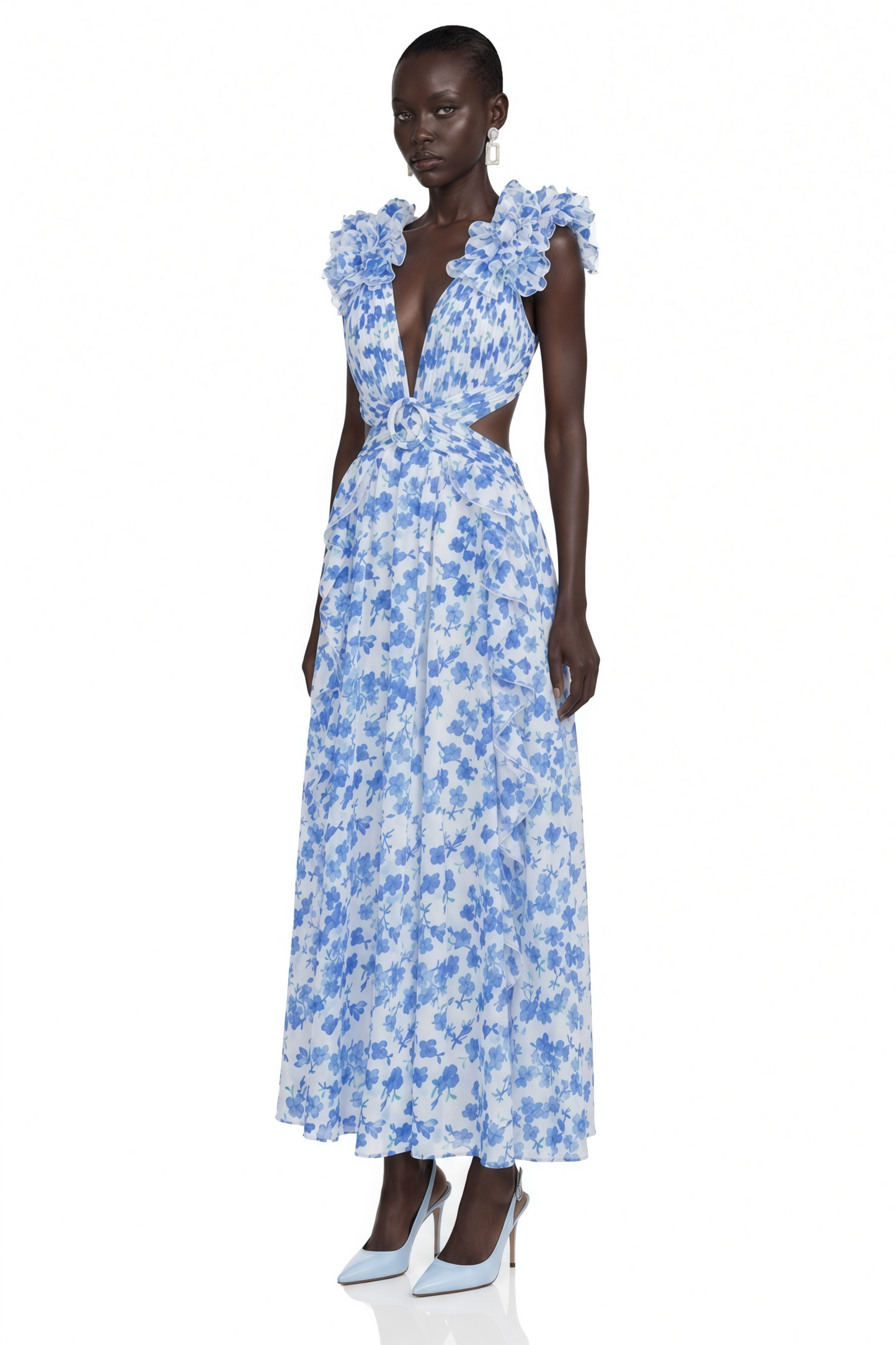 Marjorie Blue Floral Print Maxi Dress with Ruffled Trim