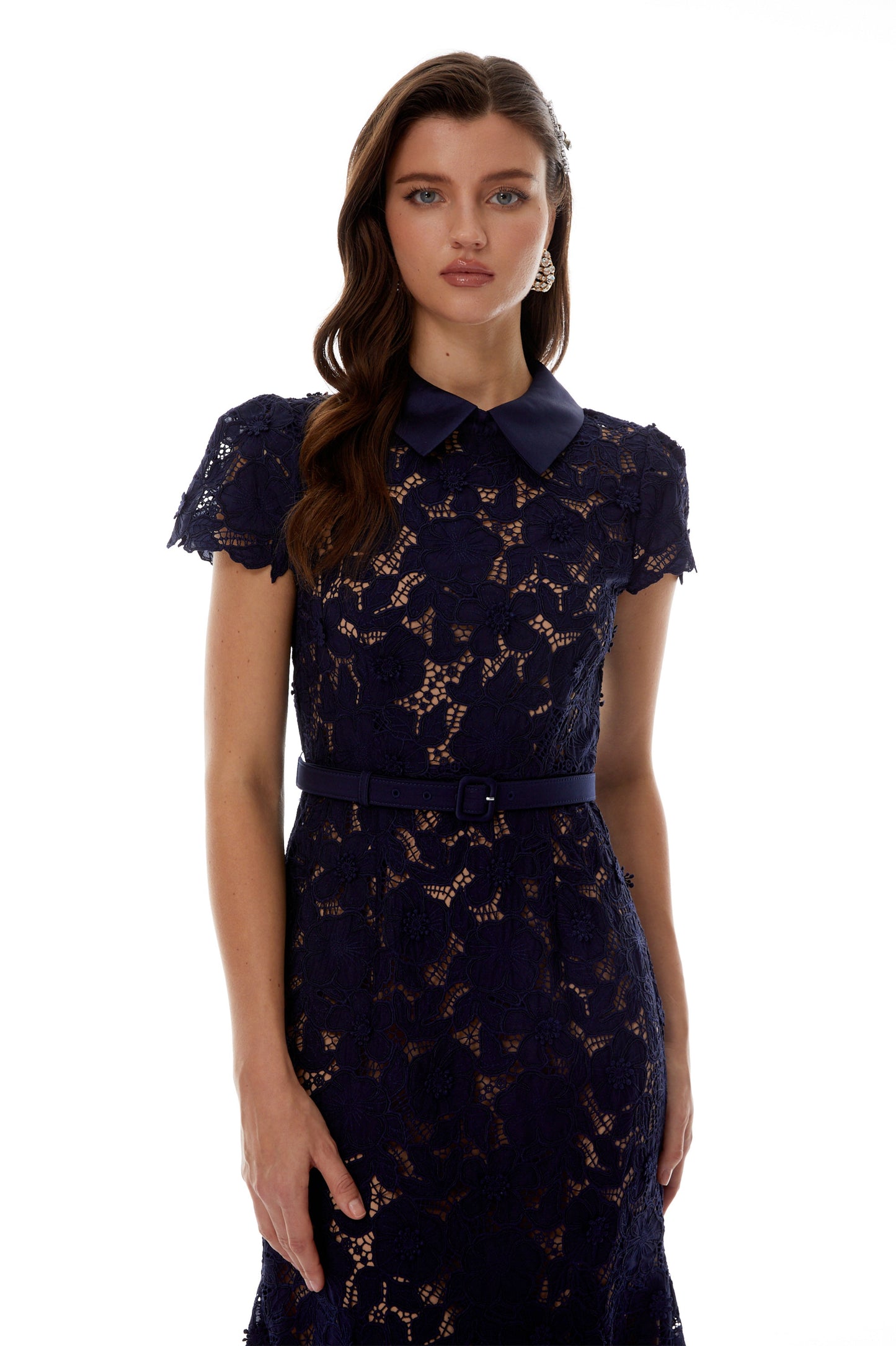 Marlene Navy Blue Floral Lace Midi Dress