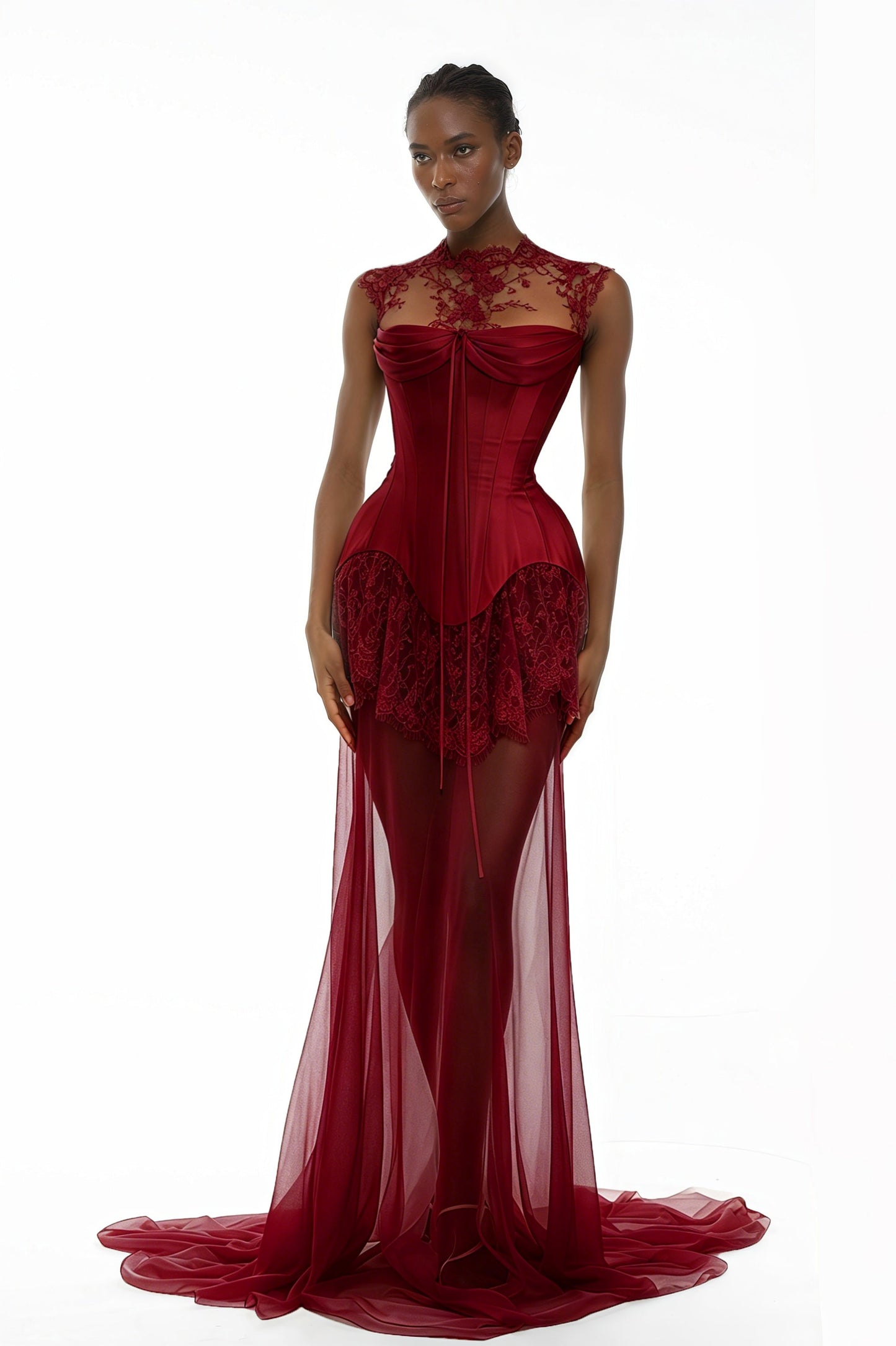 Michalina Red Lace Convertible Gown with Detachable Skirt