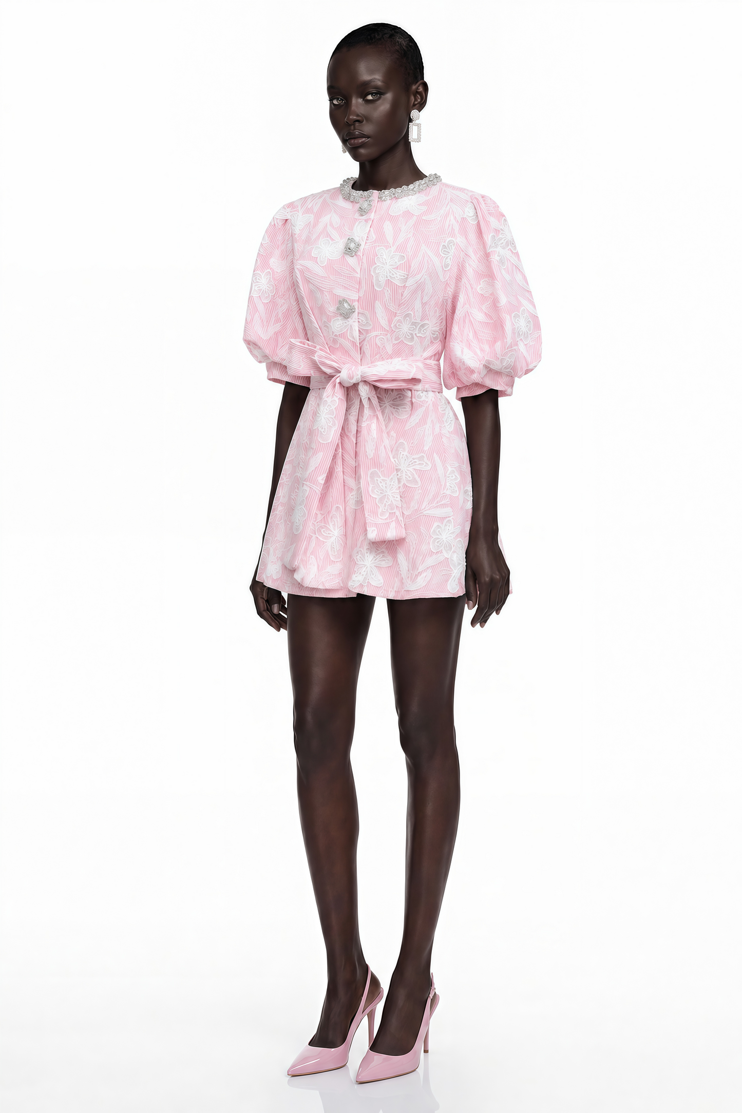 Minnie Pink Lace Mini Dress with Floral Embroidery