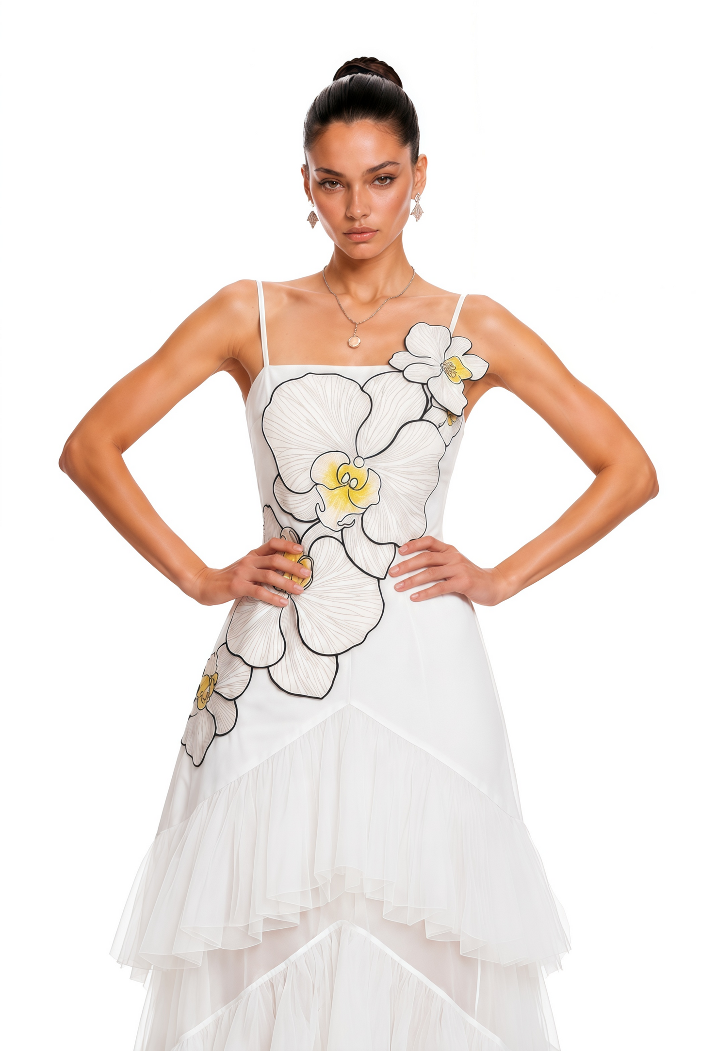 Mireille White Floral Print Ruffled Maxi Dress