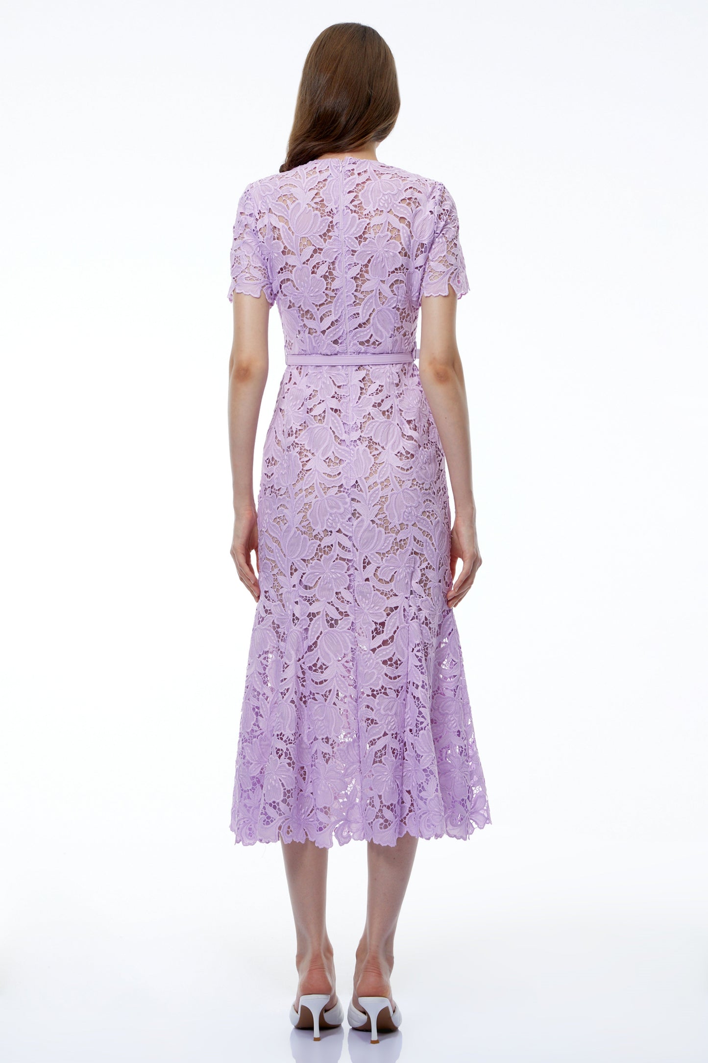 Momoe Purple Lace Floral Fitted Midi Dress