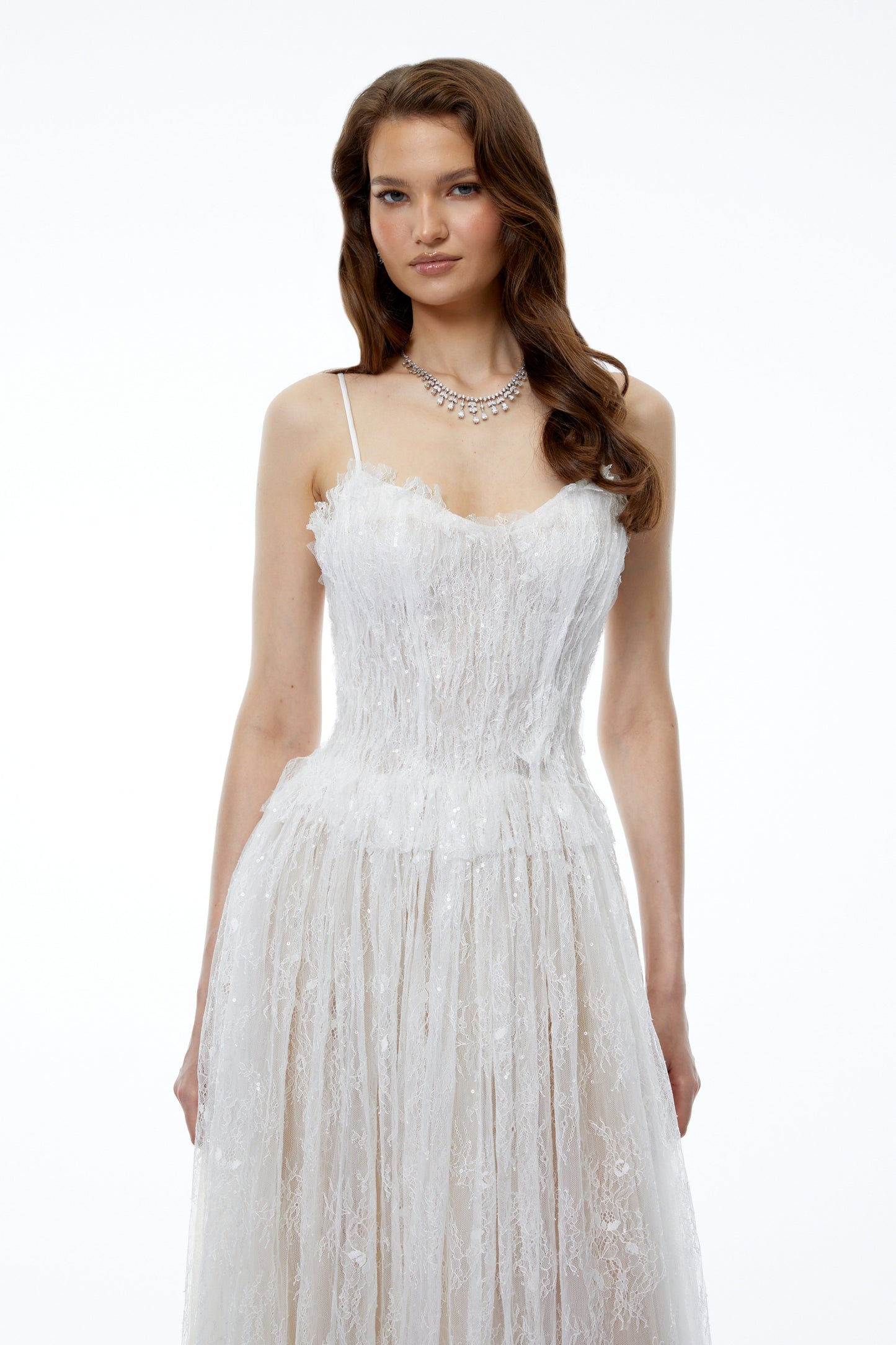 Nadir White Pleated Lace Maxi Dress