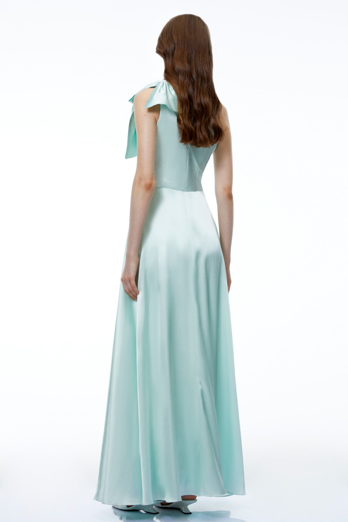Natalia Green One Shoulder Ruched Maxi Dress with Bow