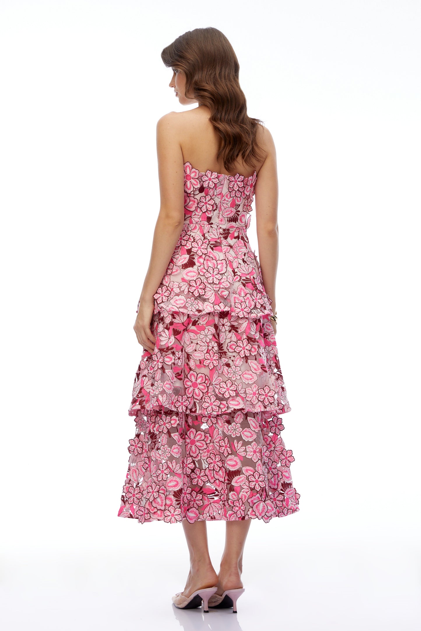 Viviana Pink Tiered Midi Dress with 3D Florals