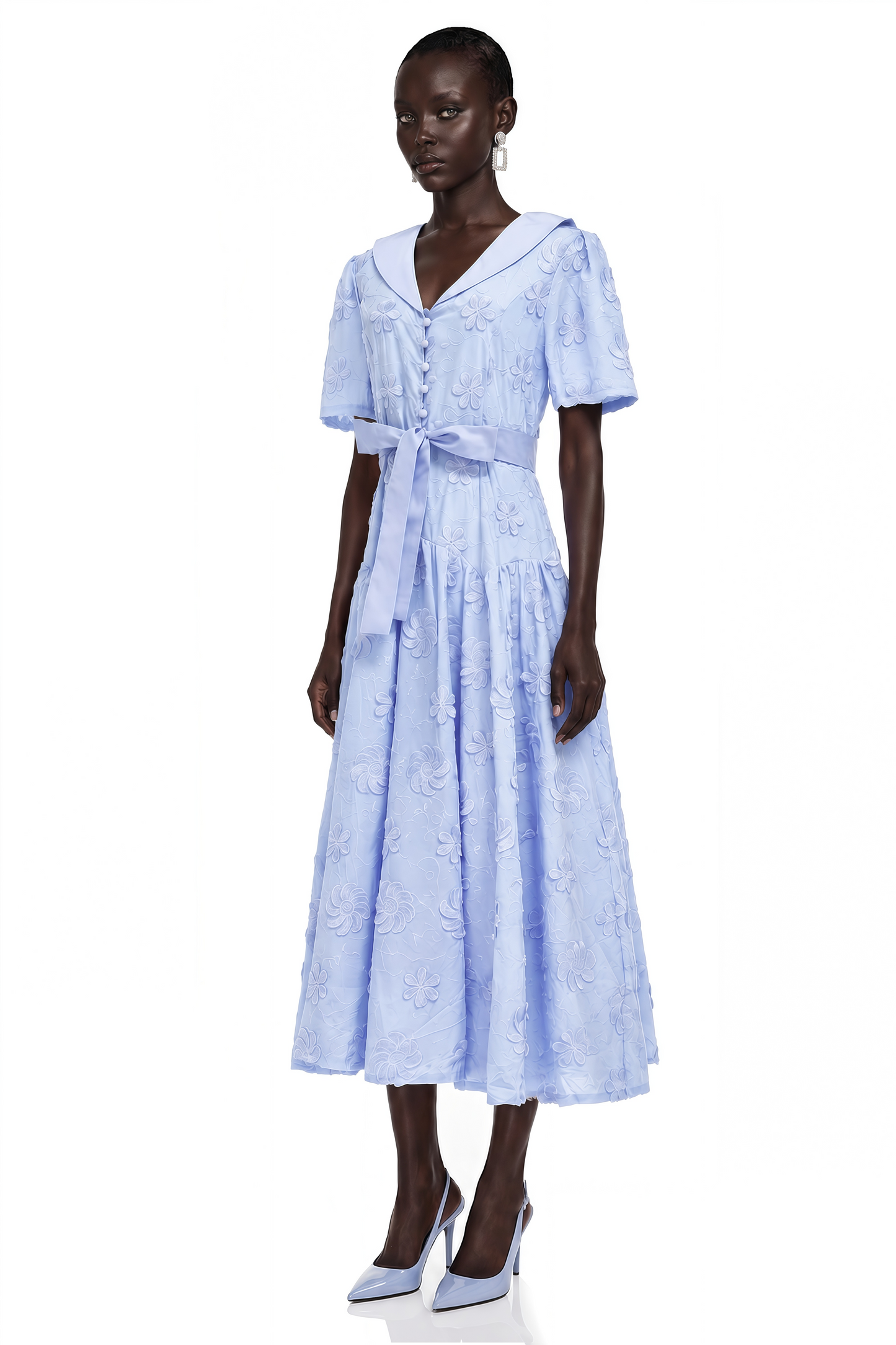 Norma Light Blue Pleated Maxi Dress with Lapel Collar