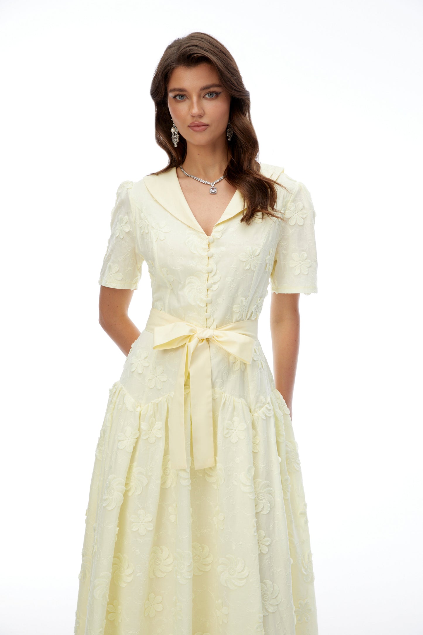 Norma Pale Yellow Pleated Maxi Dress with Lapel Collar