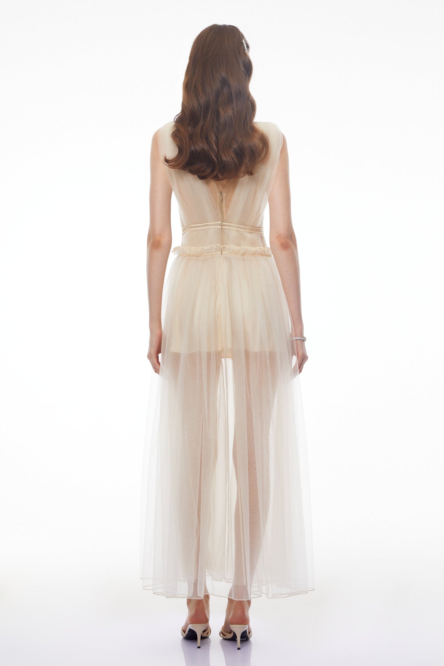 Octavia Beige V-neck Semi-sheer Ruched Maxi Dress