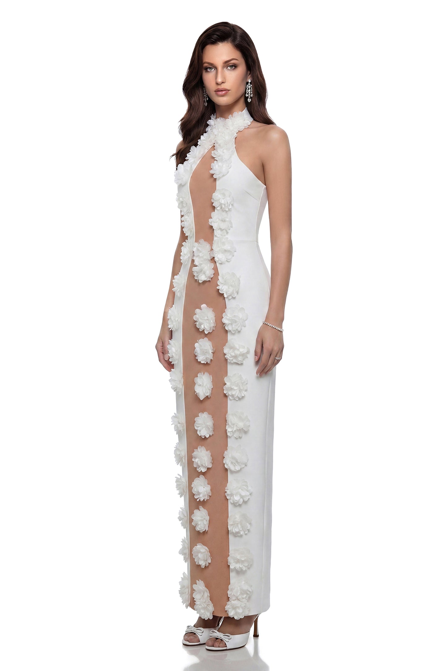 Olesia 3D Yapraklı Beyaz Bandaj Maxi Elbise