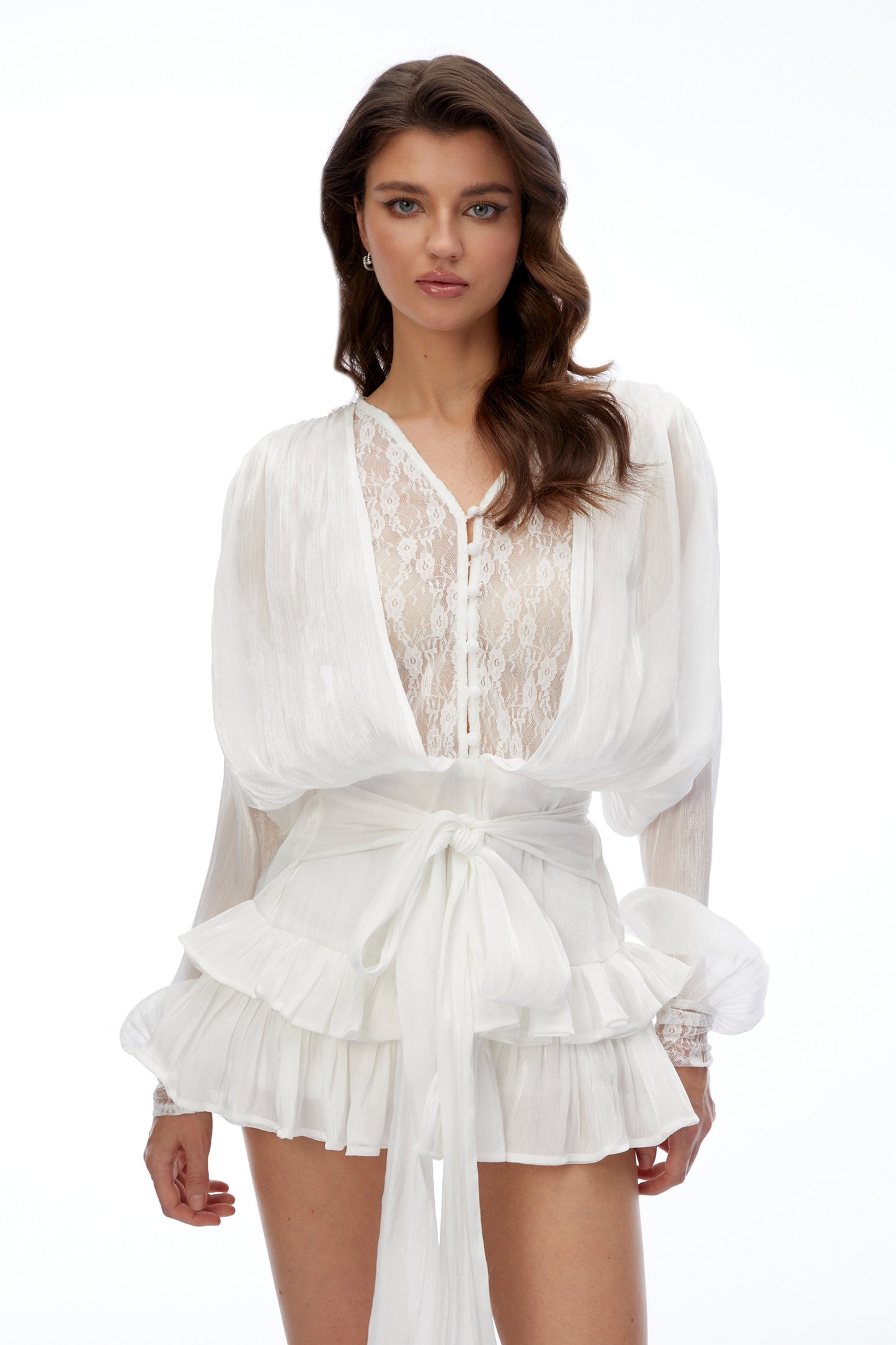 Olive White Mini Dress with Lace Ruffled Trim