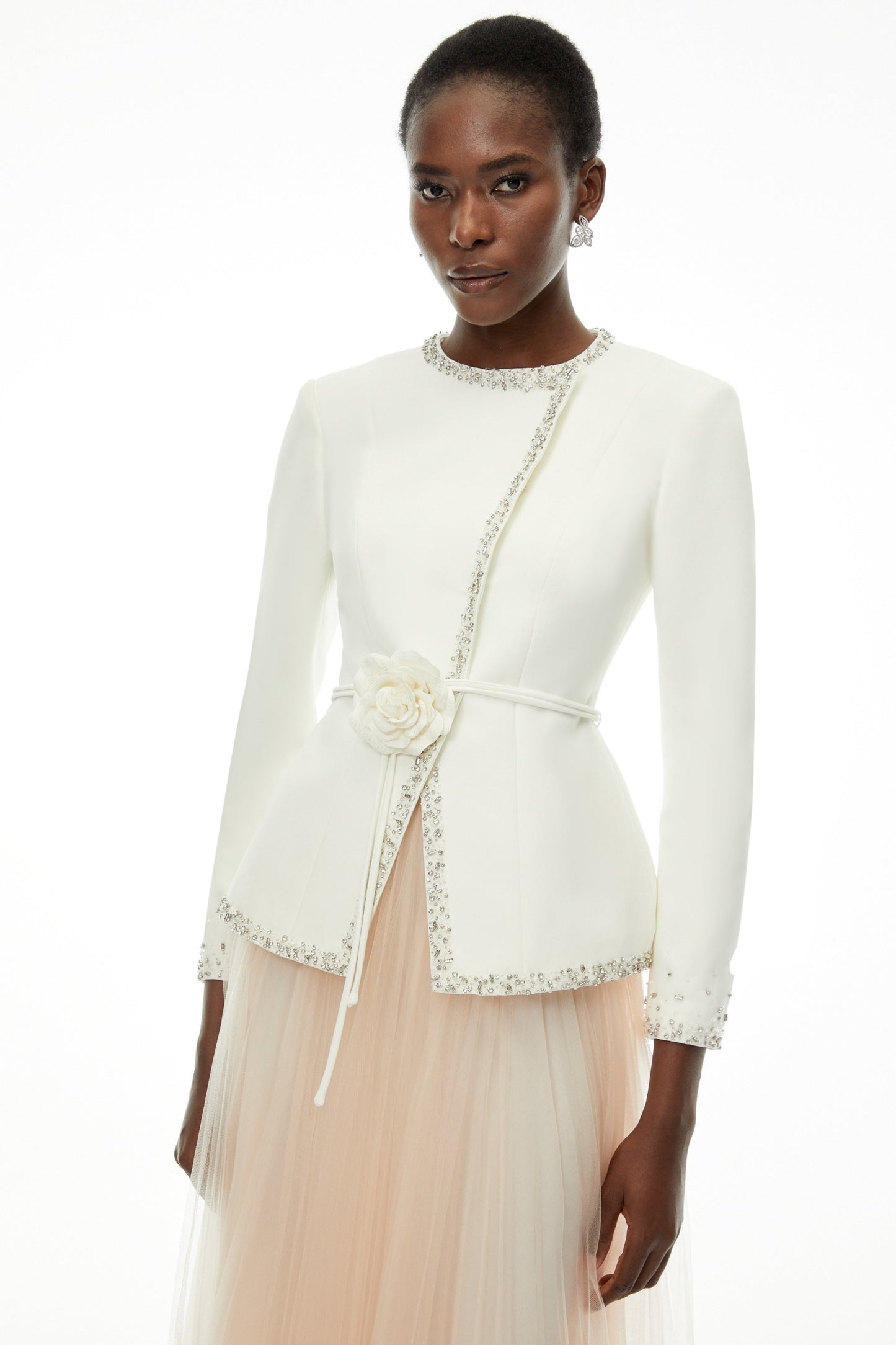 Olivia White Embellished Tulle Top & Pleated Skirt Set