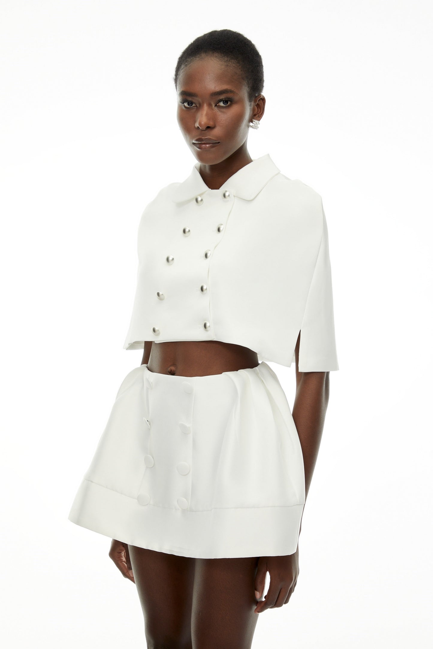 Ondina White Double-Breasted Cape Coat & Skirt Set