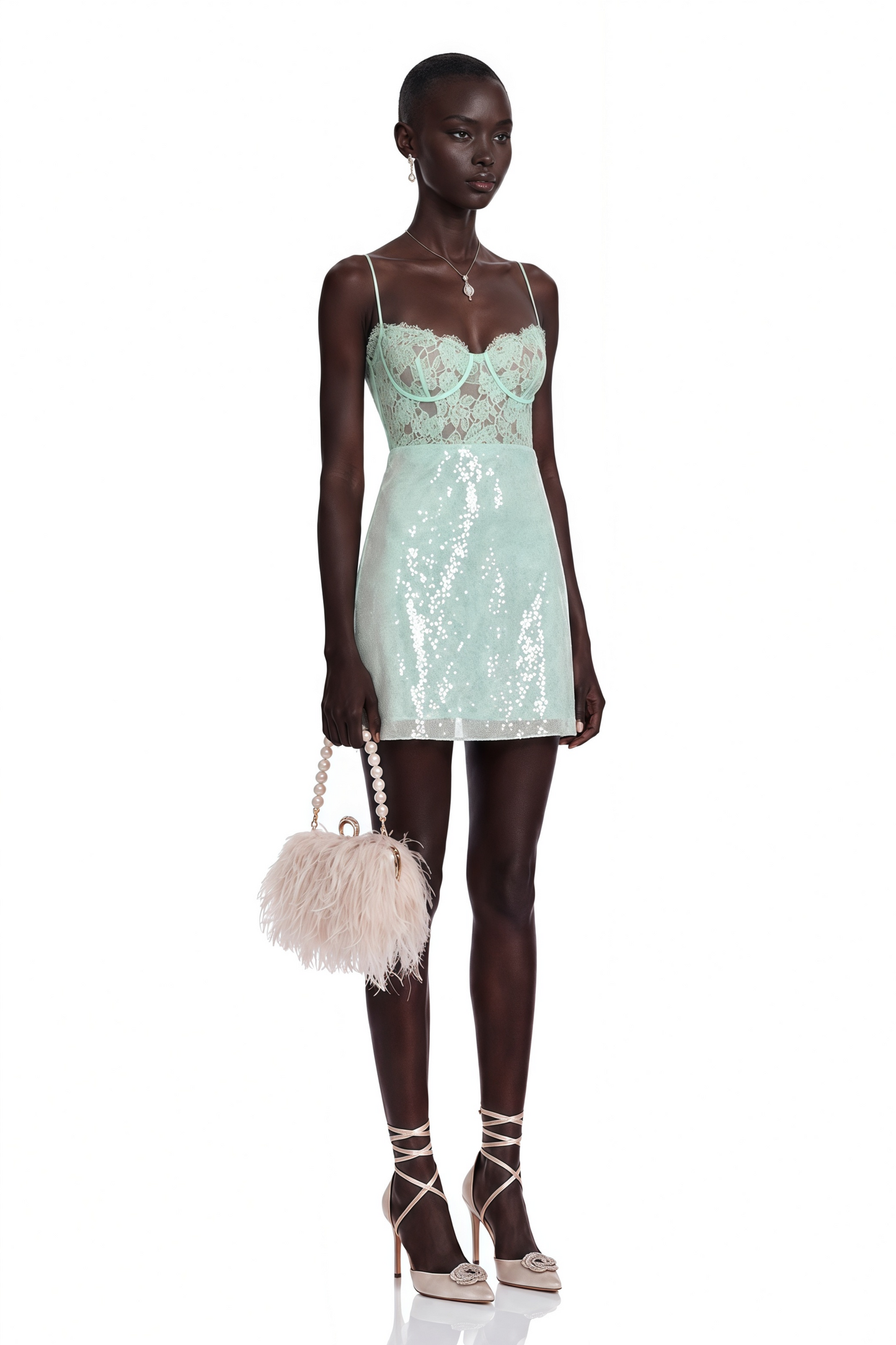 Ophelia Mint Green Lace Bustier Sequin Mini Dress