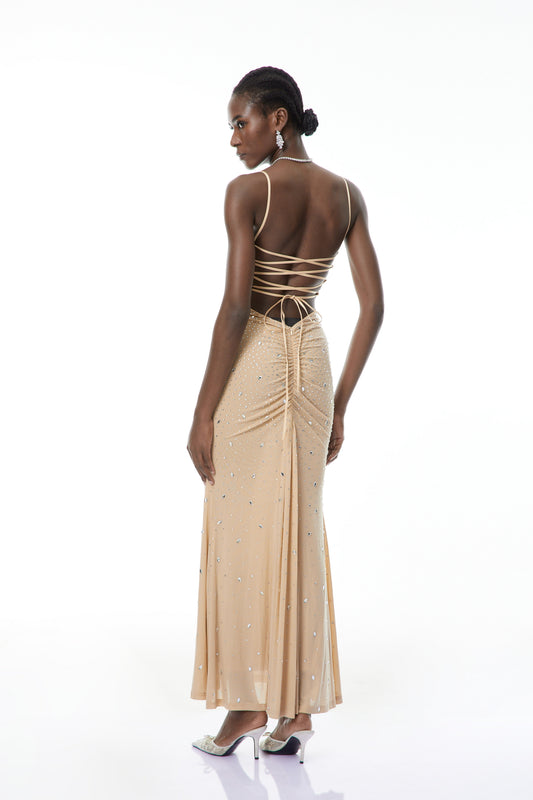 Ottilie Neutral Open Back Embellished Maxi Dress