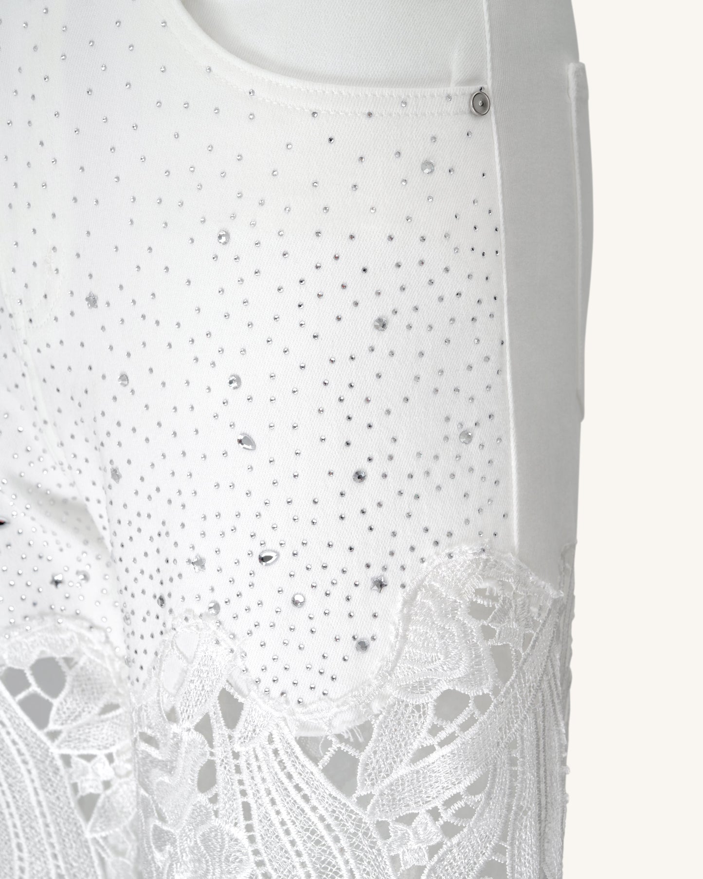 Embroidery High Rise Wide Leg Lace Denim Jeans With Rhinestone - White