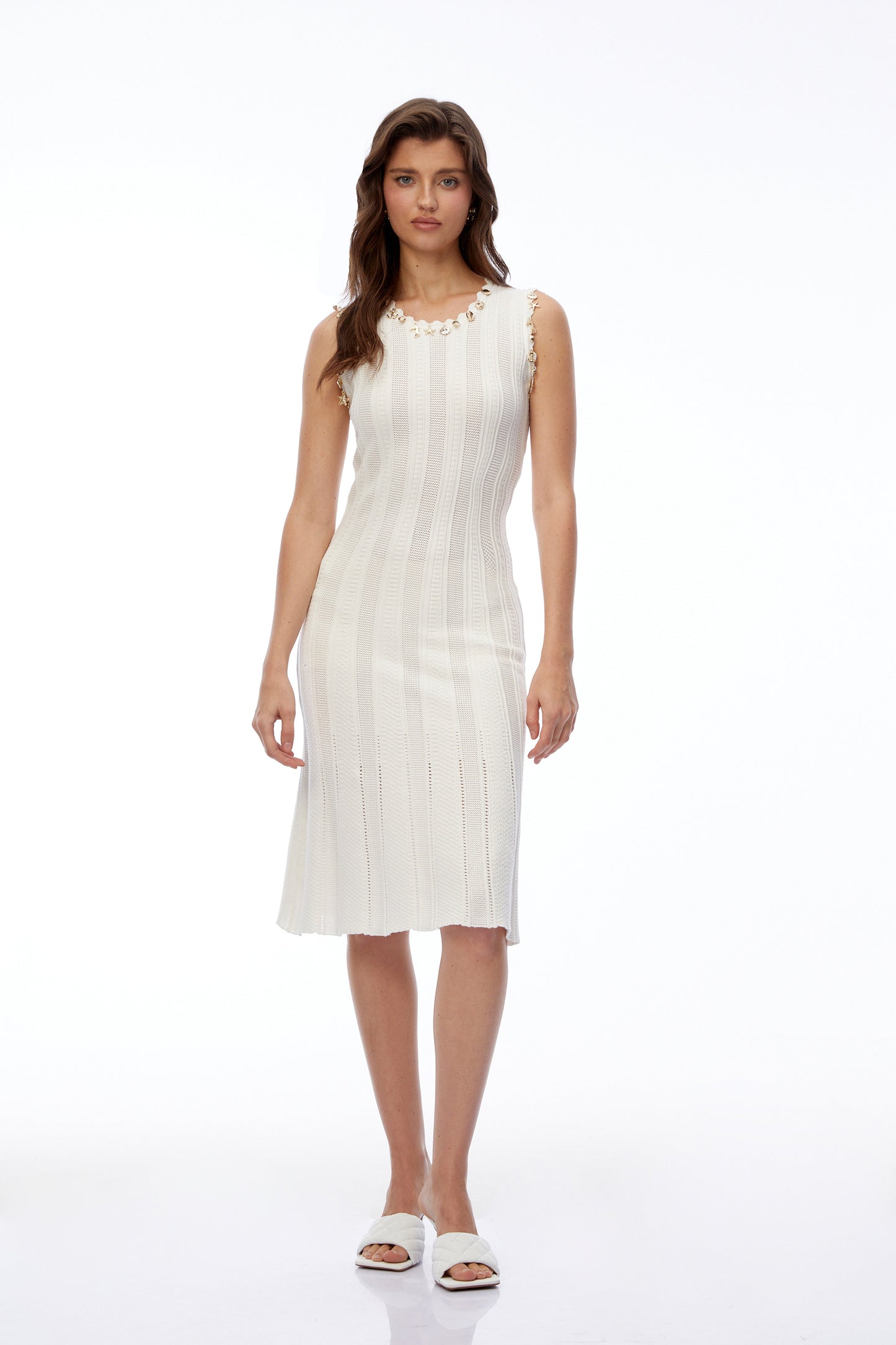 Patricia White Knit Midi Dress with Metal Hardware