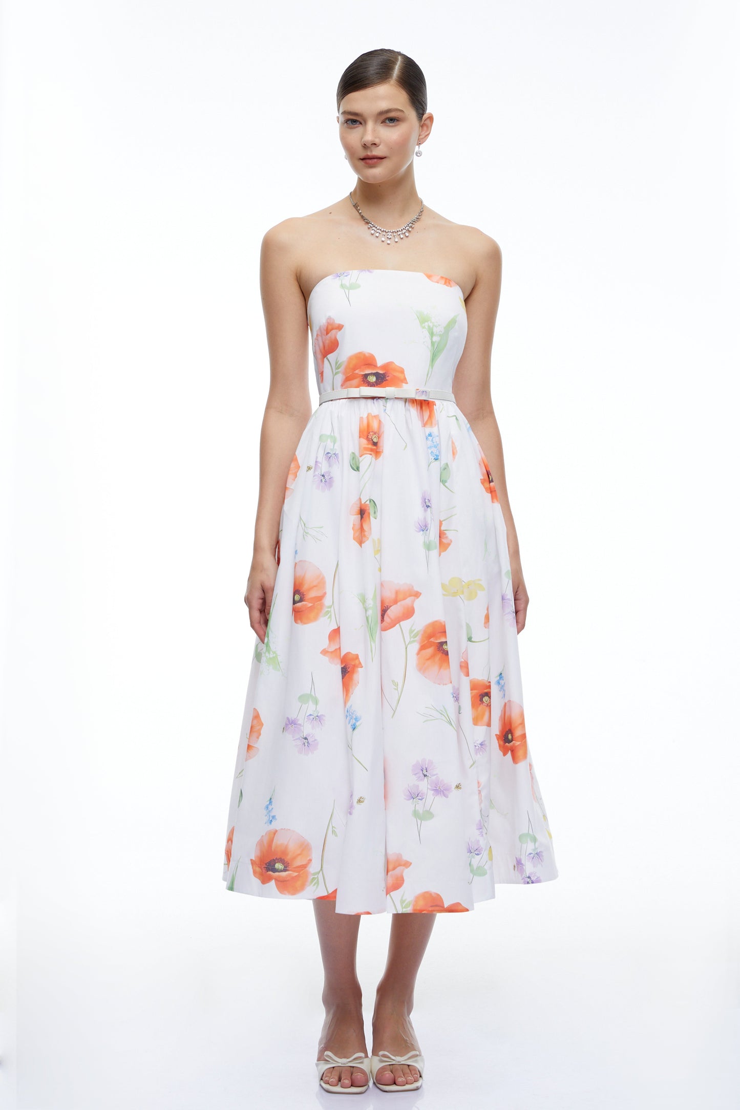 Petronilla White Floral Strapless Midi Dress