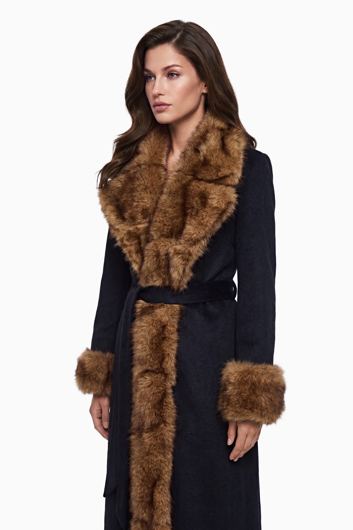 Pola Black Wool Blend Coat with Faux Fur Lapel