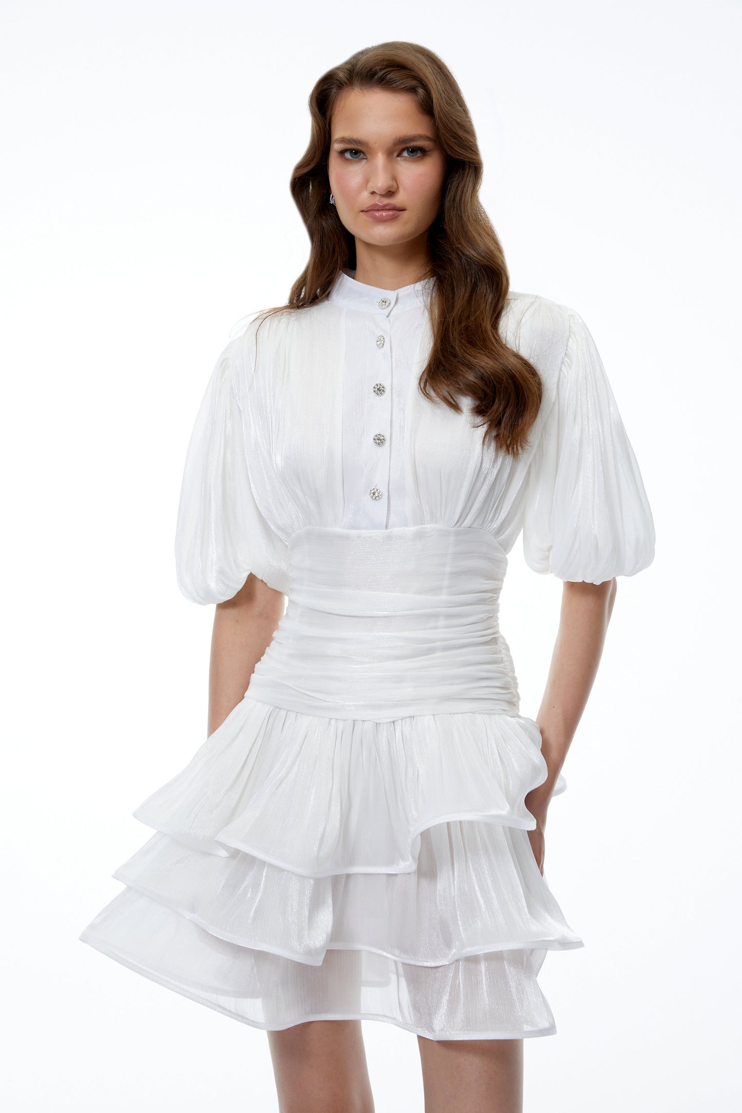 Emersyn White High-Neck Ruffled Detail Mini Dress