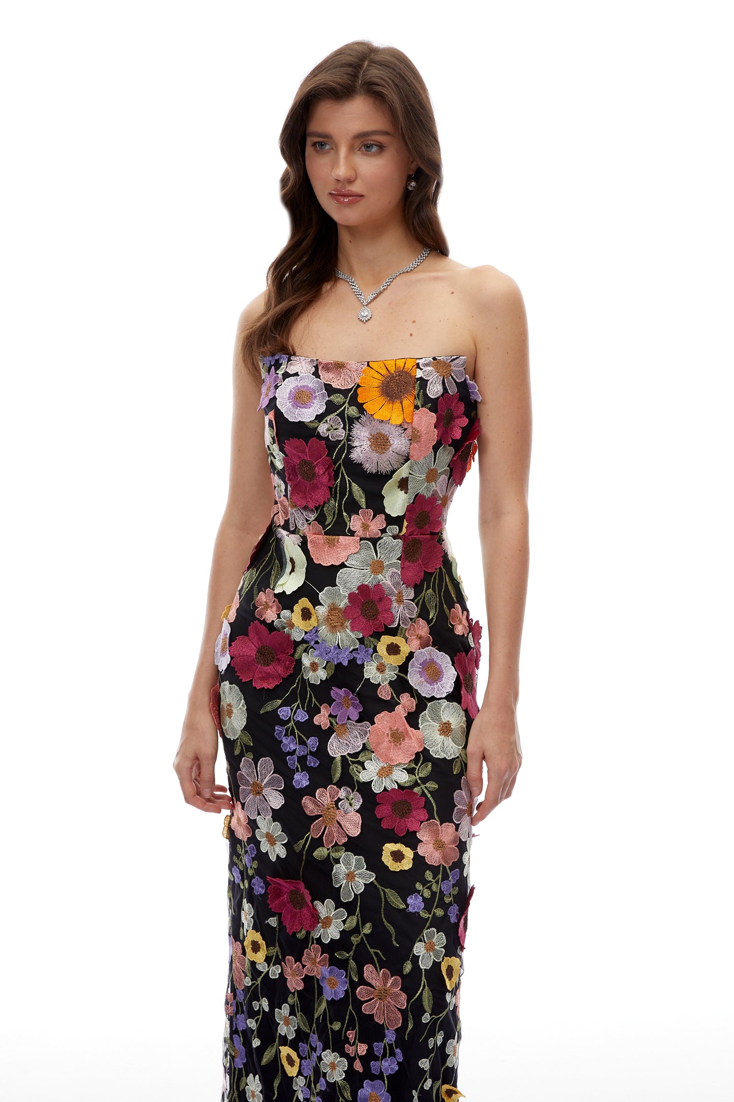 Poppy Black Strapless Maxi Dress with 3D Florals