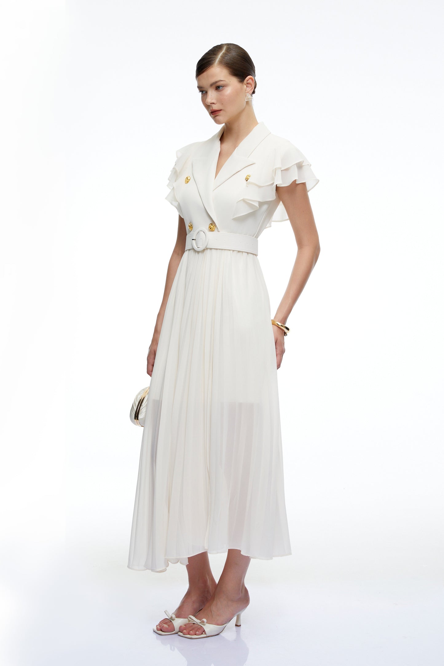 Prunelle Neutral Ruffled Pleated Maxi Dress
