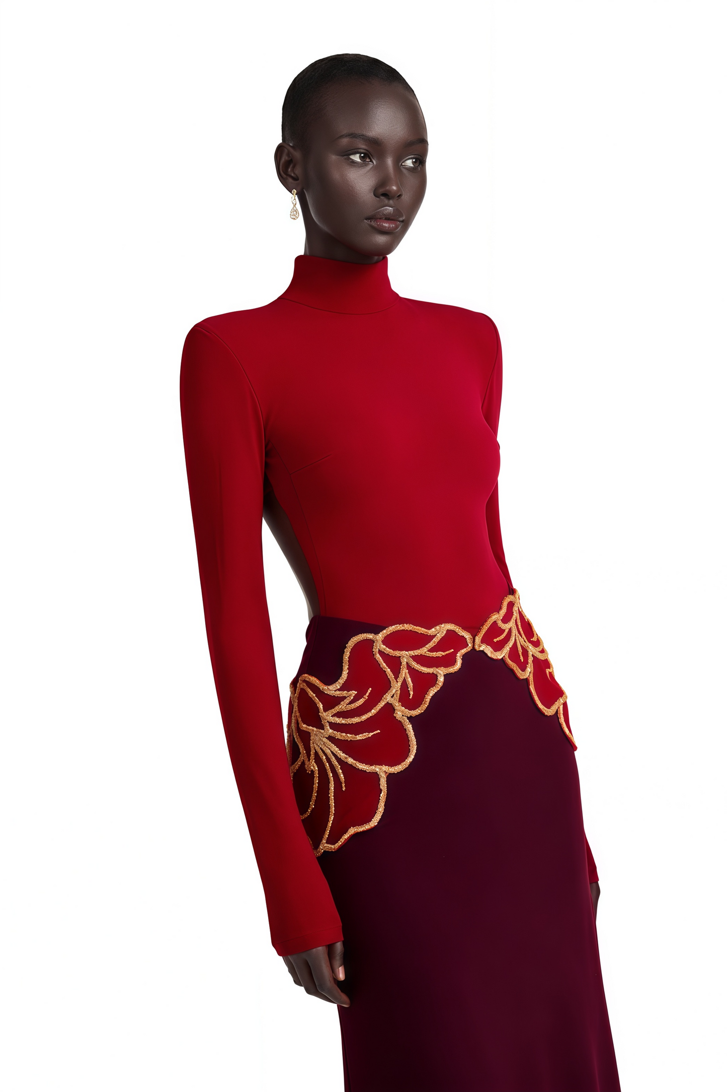 Quenilda Red High Neck Embroidered Maxi Dress