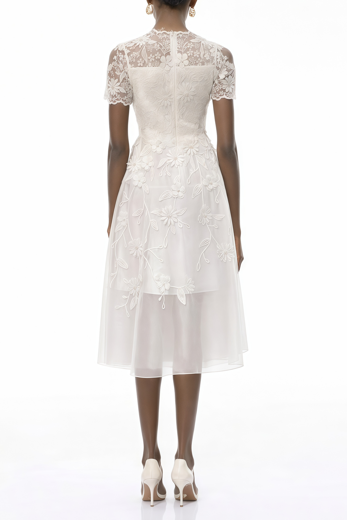 Quetz White Midi Dress with 3D Petals