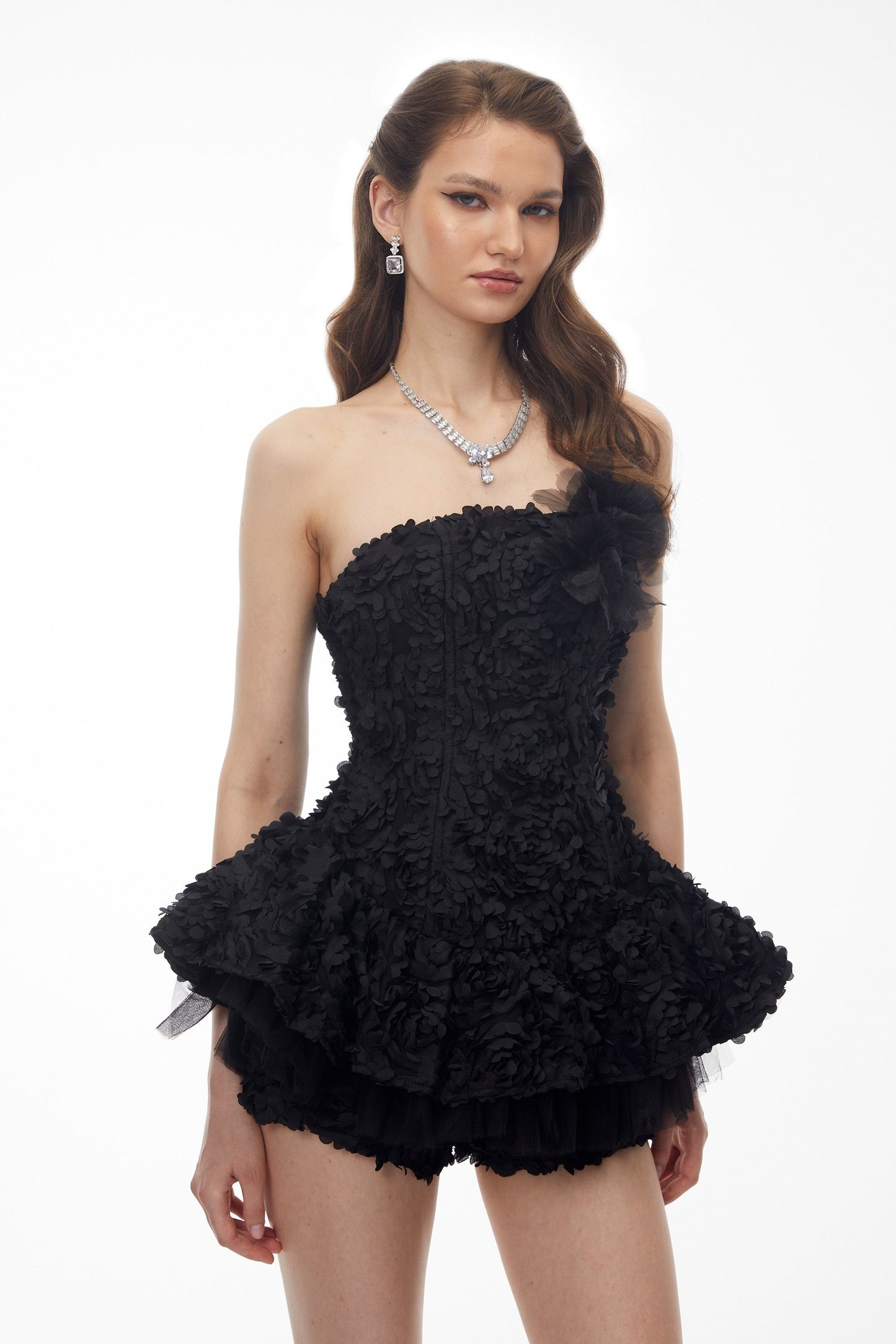 Quilla Black Off Shoulder Mini Dress with 3D Florals