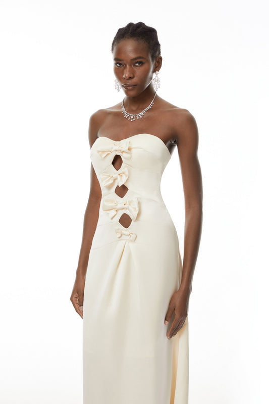 Ramona White Cut-Out Bow Pleated Maxi Dress