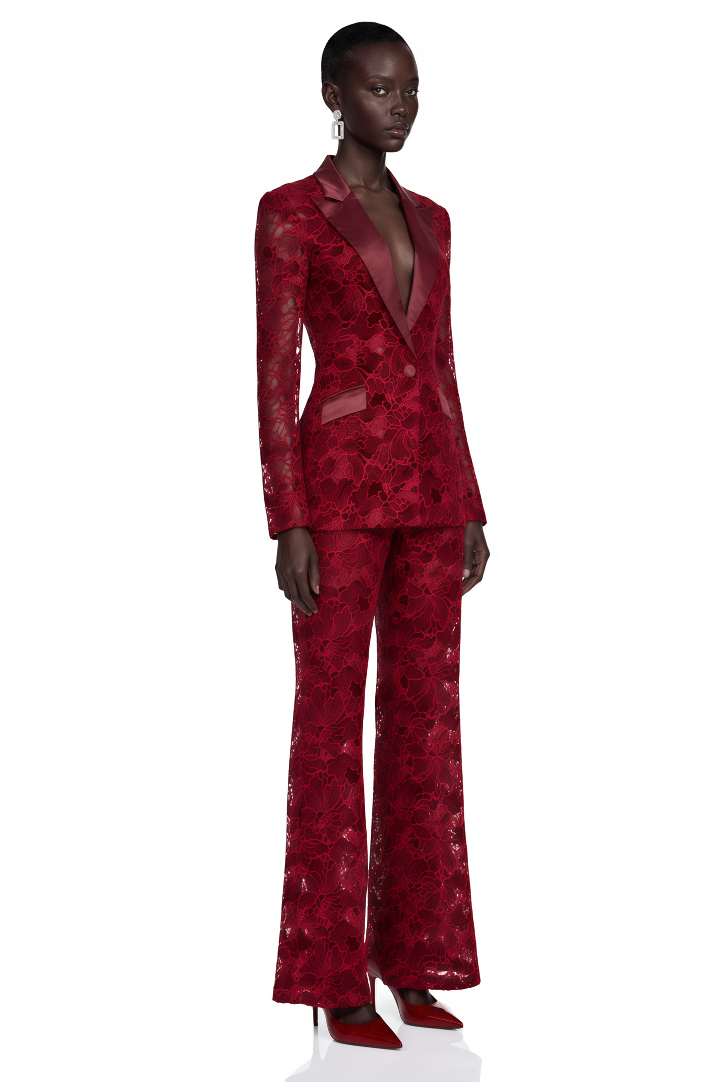 Romilda Burgundy Sheer Floral Lace Blazer & Trouser Set