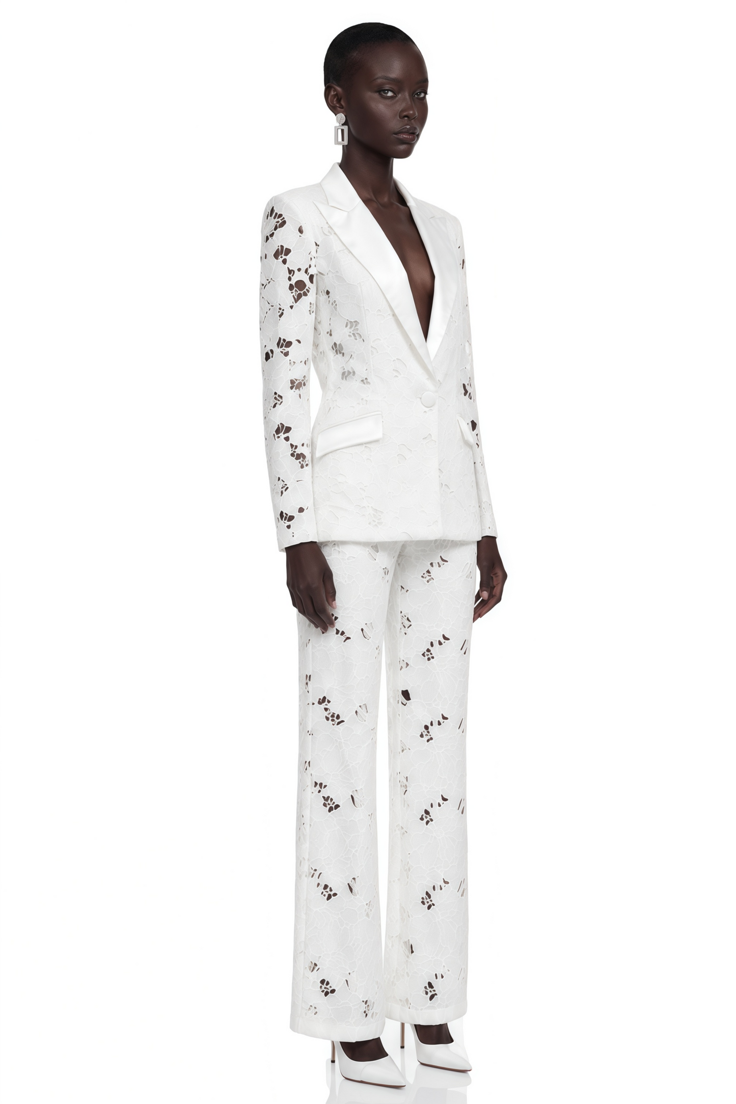 Romilda White Sheer Floral Lace Blazer & Trouser Set
