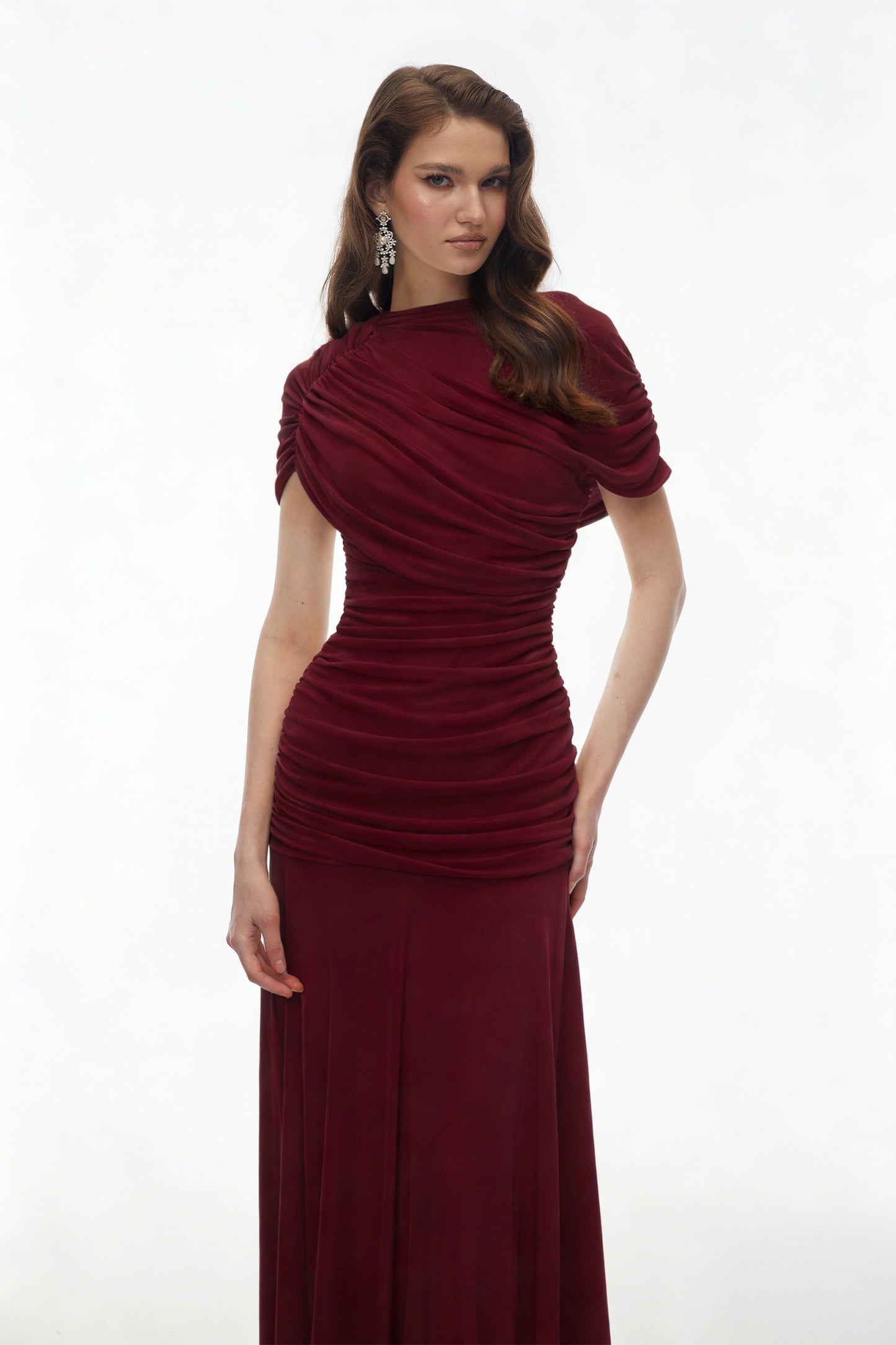 Rosalyn Red Crew Neck Ruched Maxi Dress