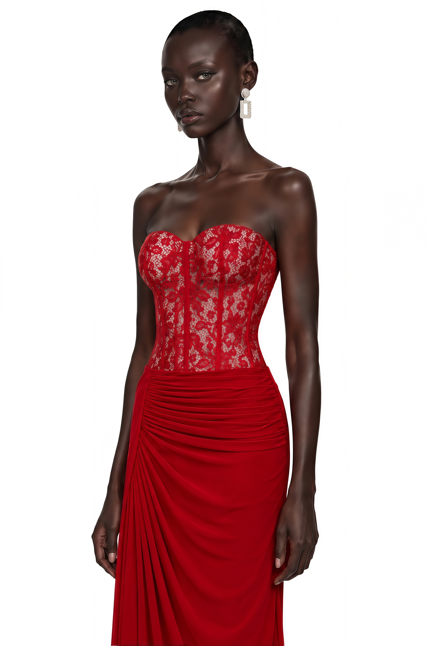 Sabrina Red Off Shoulder Ruched Maxi Dress with Lace Panels