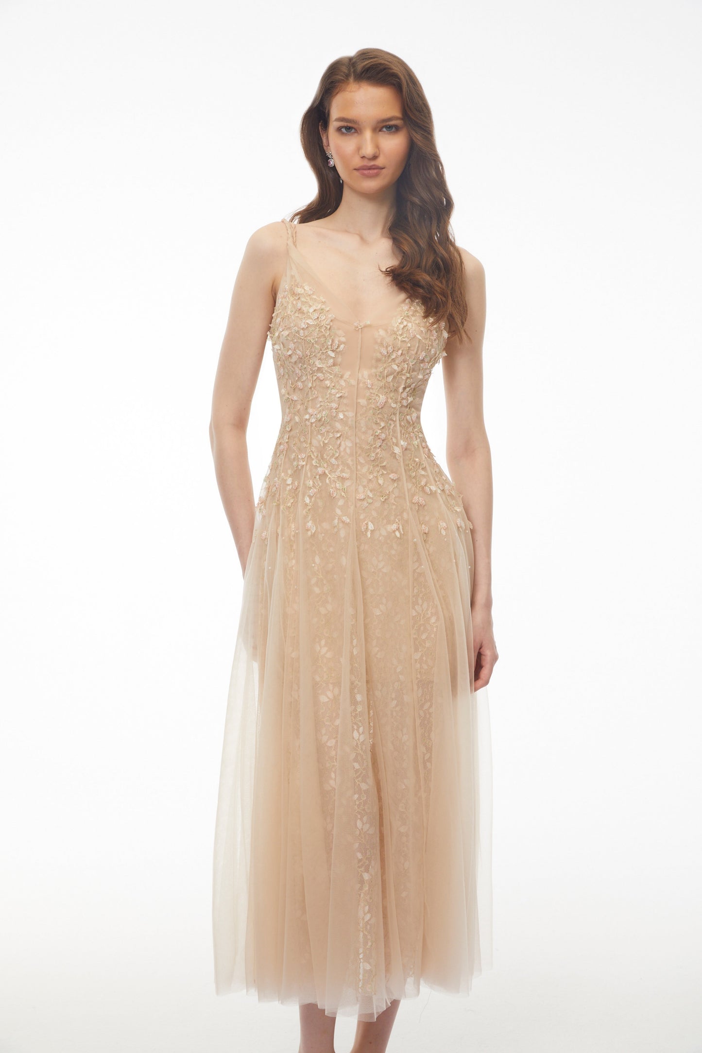 Saga Neutral Pleated Maxi Dress with 3D Petals
