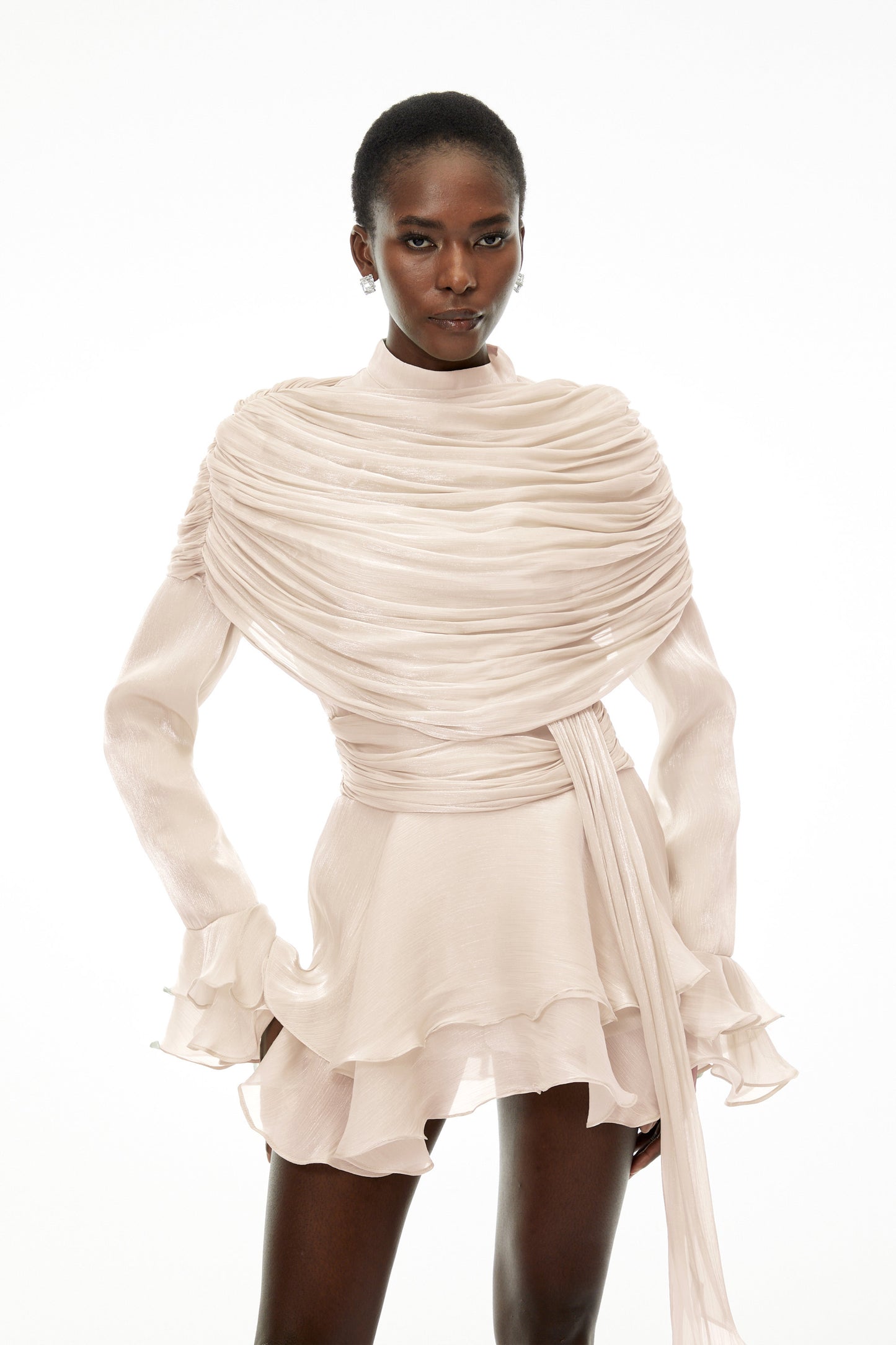 Samira Cream Ruffled Ruched Mini Dress with Ribbon