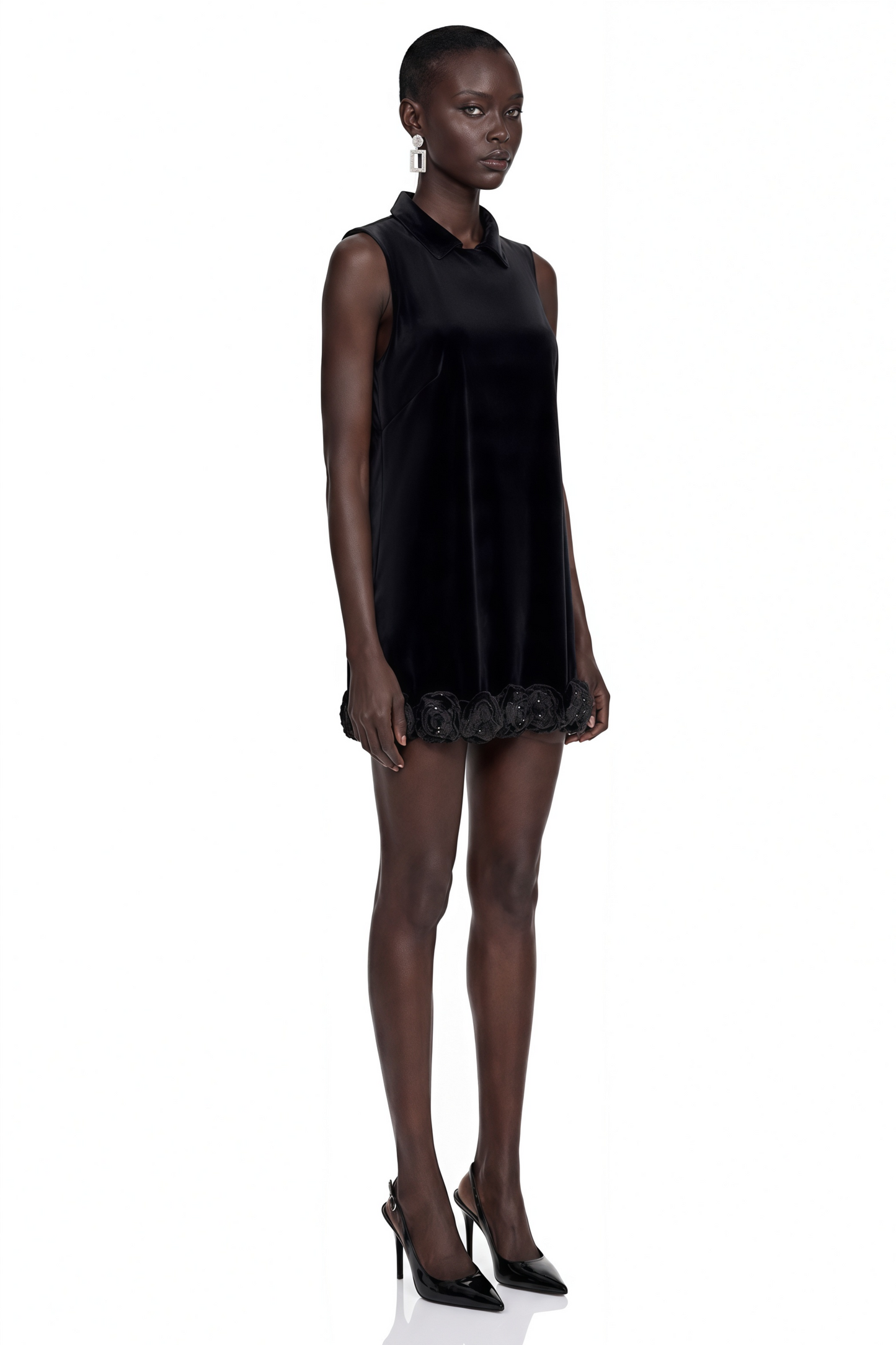 Sandra Black Velvet Mini Dress with 3D Petal Hem