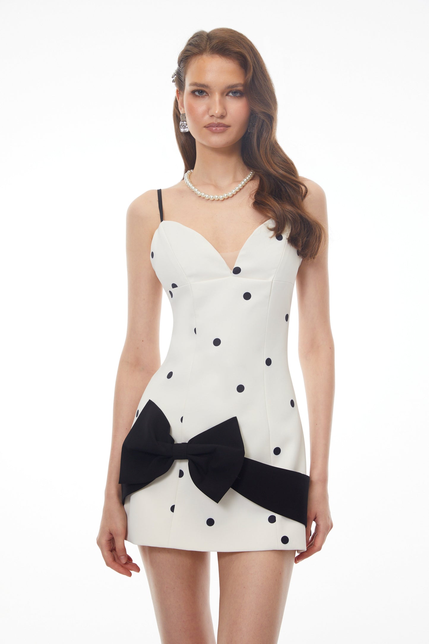 Sappho White Polka Dot Mini Dress with Bow Detail