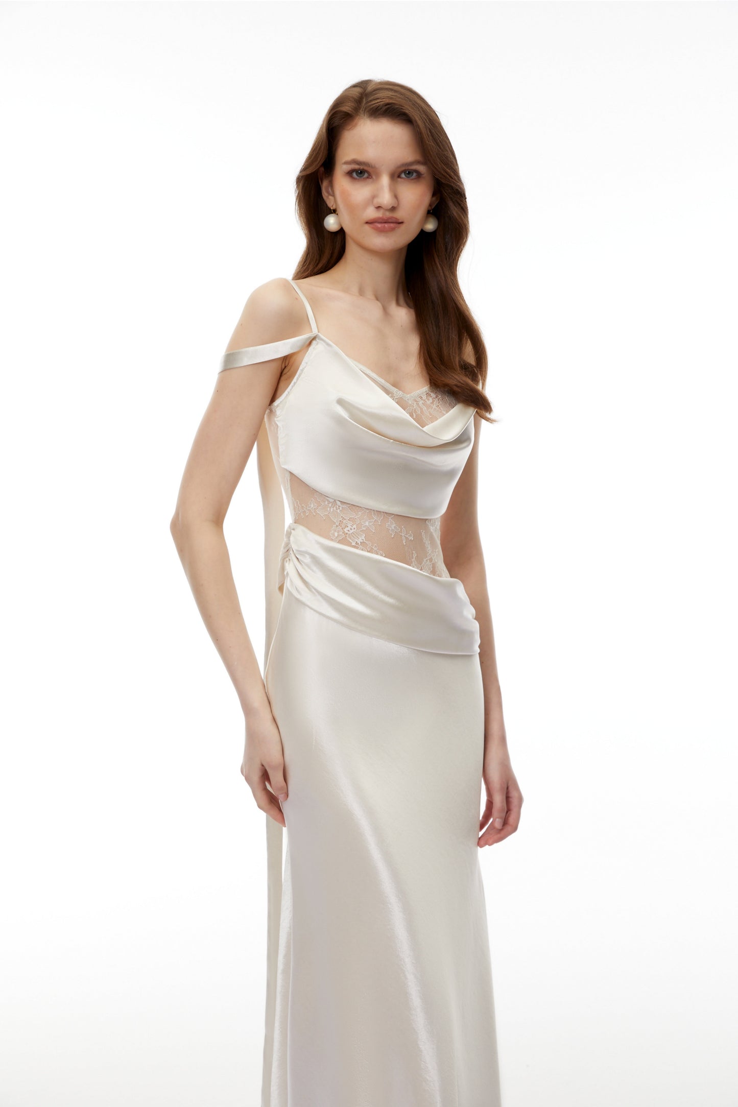 Sarah White Satin Midi Dress with Lace Cut-Outs
