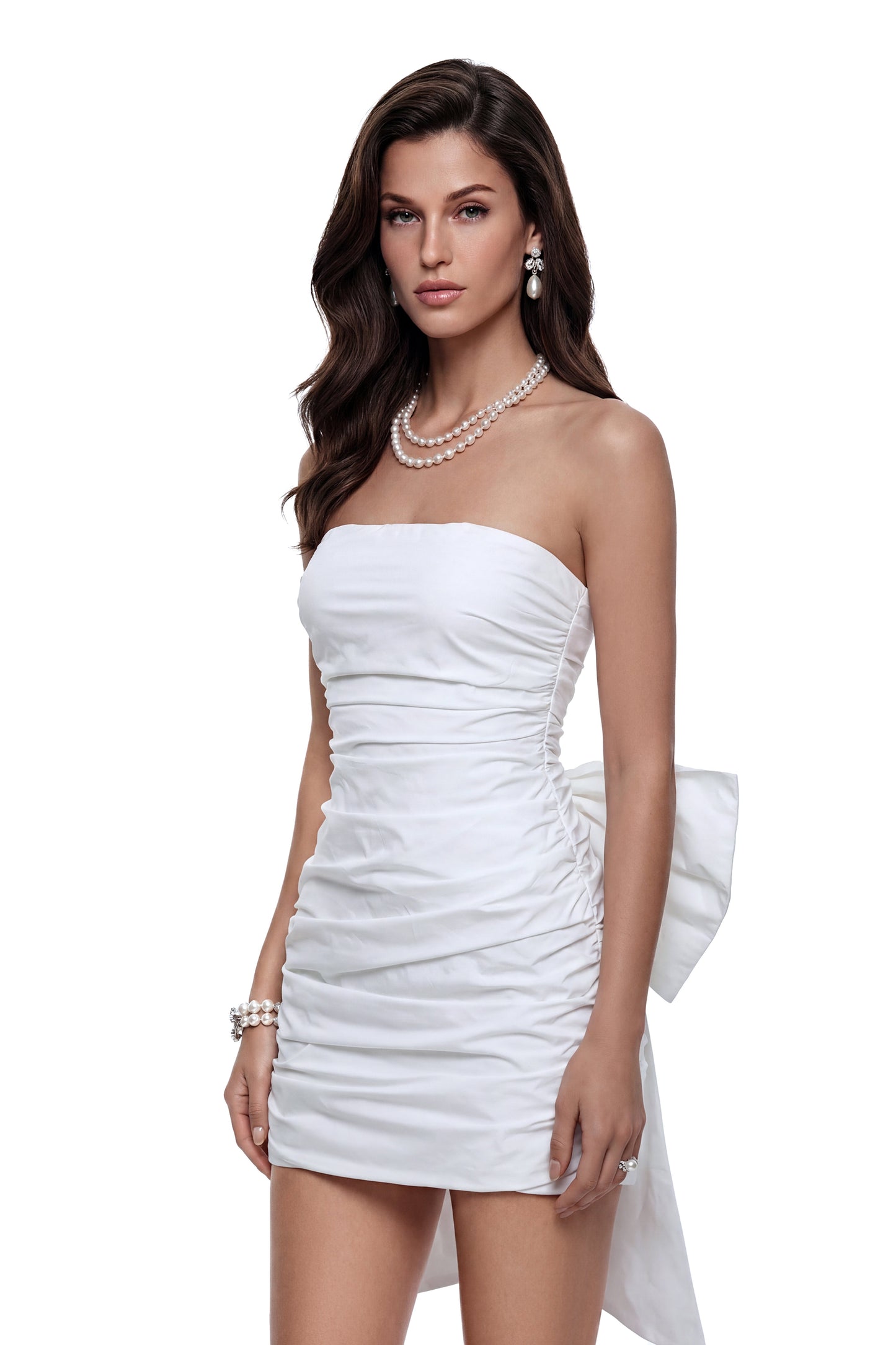 Sari White Ruched Mini Dress with Bow