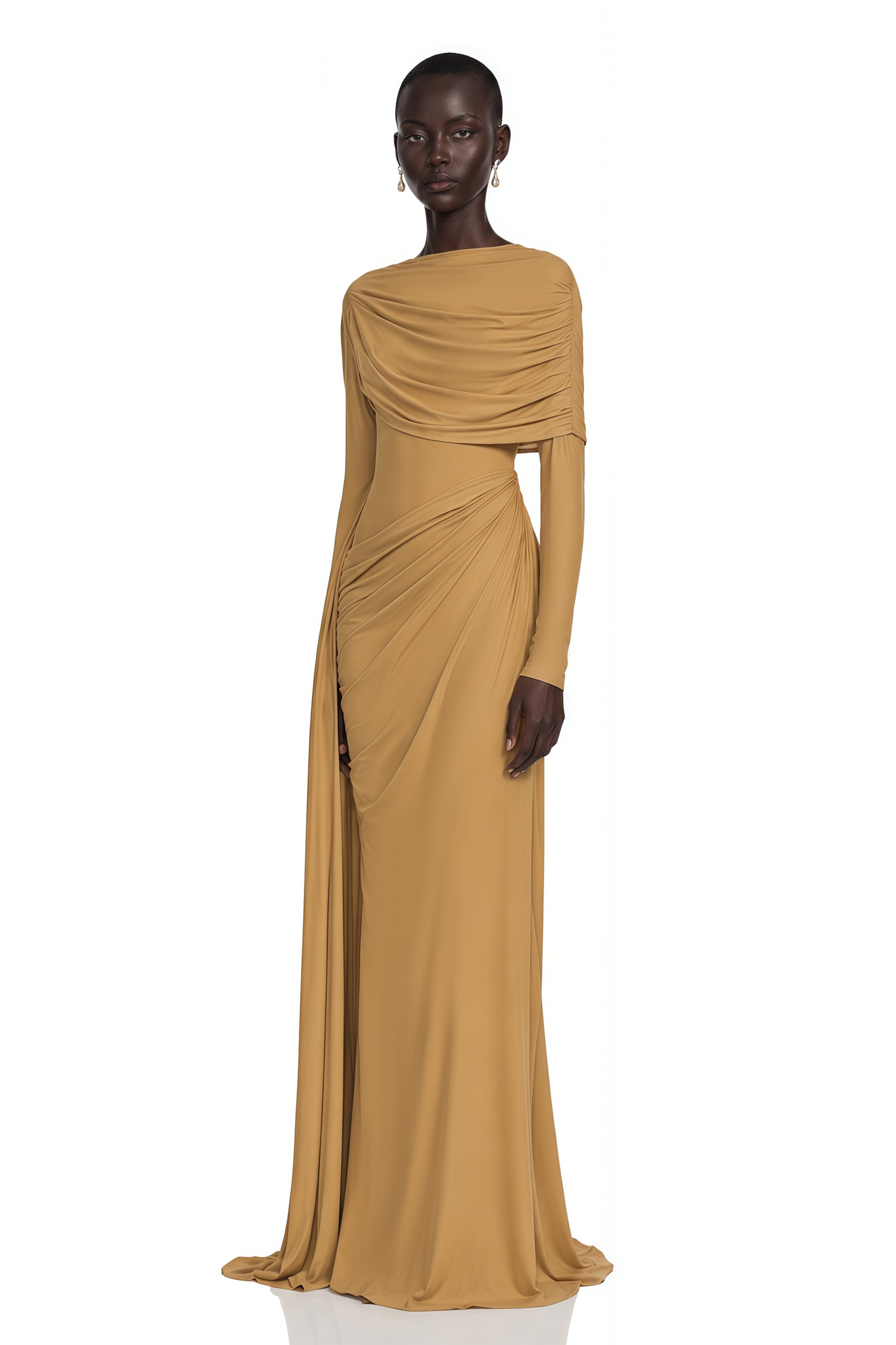Selena Khaki Long Sleeve Draped Maxi Dress with Cape