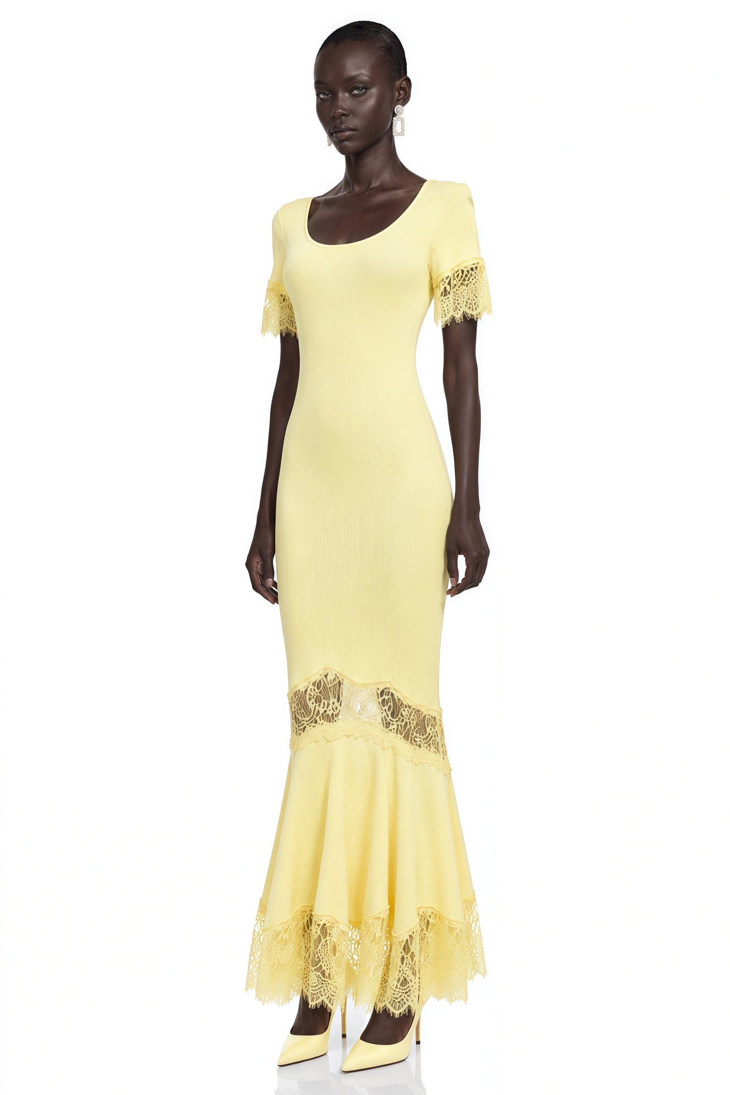 Sharon Yellow Round Neck Maxi Dress with Lace Trim