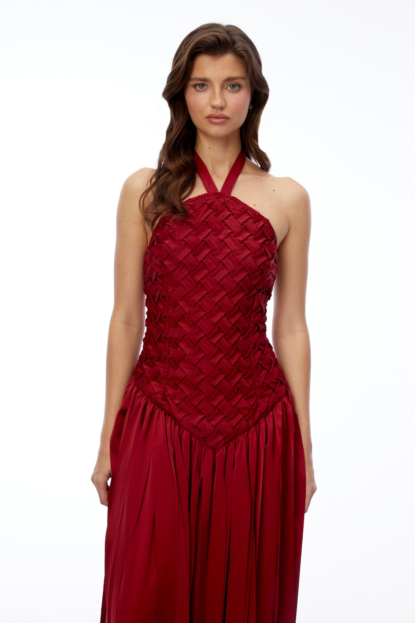 Sloane Red Halterneck Pleated Maxi Dress with Lace-Up Detail