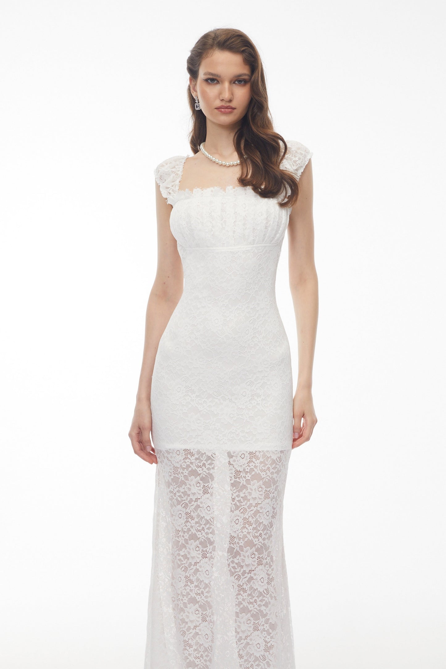 Snizhana White Ruffled Lace Fishtail Maxi Dress