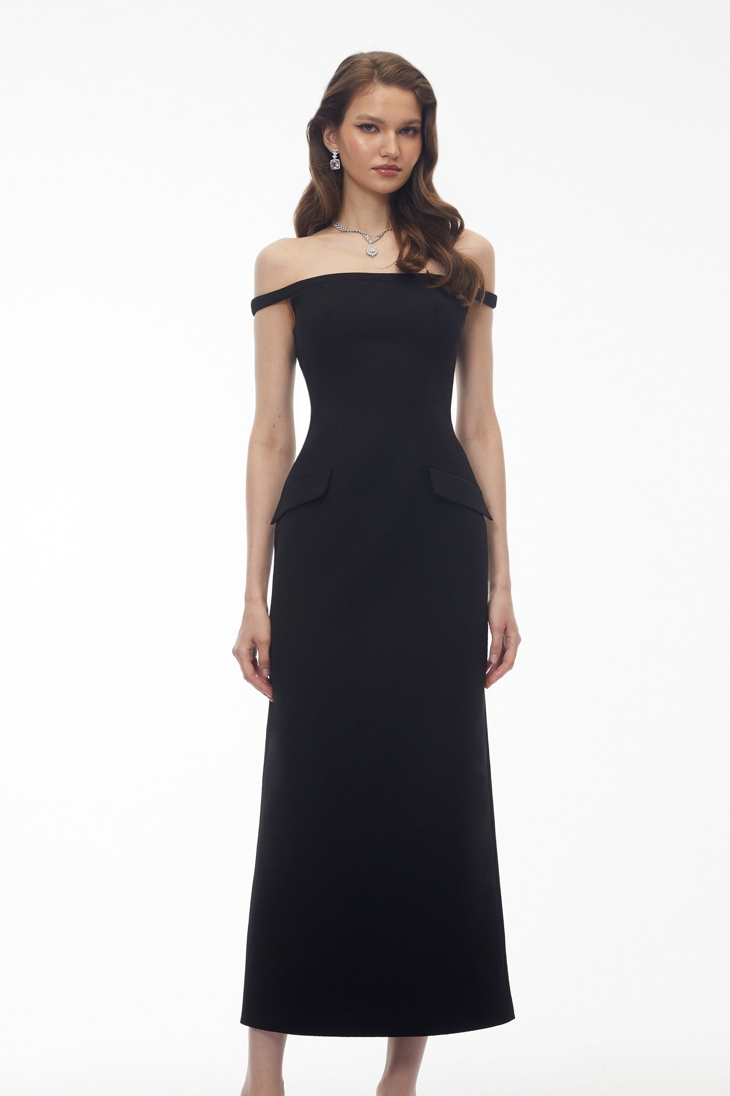 Sofia Black Off Shoulder Backless Maxi Dress with Pearl Chain