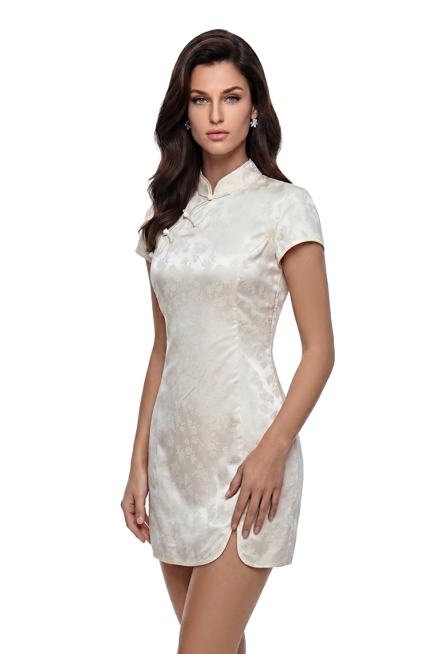 Sophia Ivory Mini Dress with Diagonal Frog Buttons