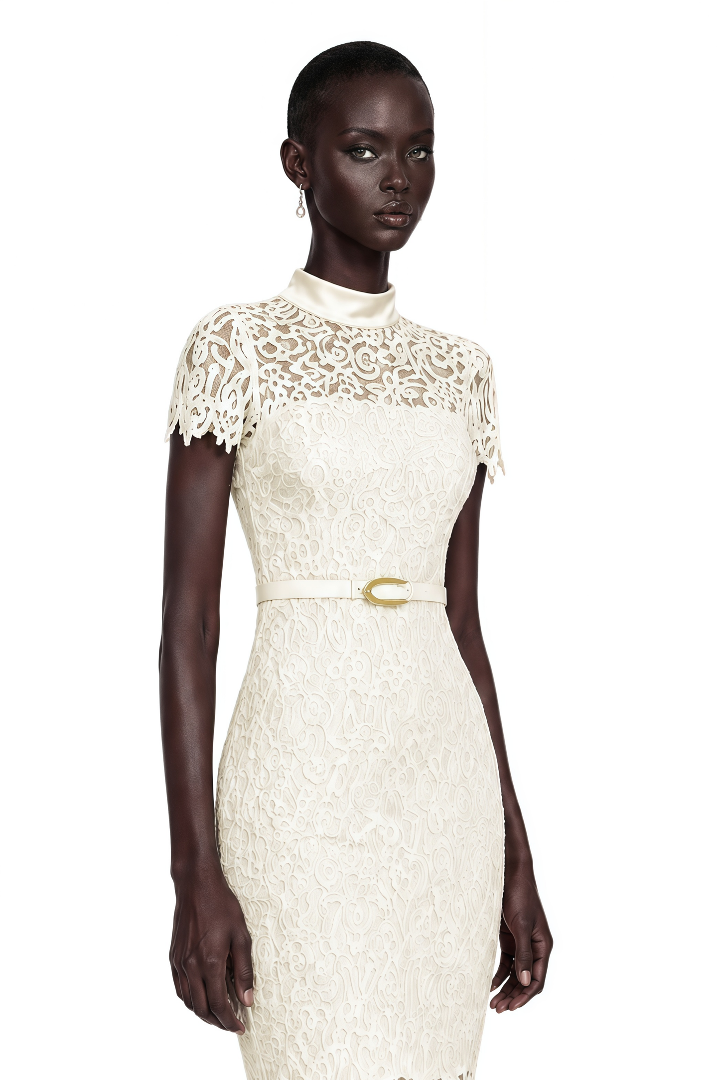 Suzanne Ivory Mock Neck Floral Lace Mermaid Maxi Dress