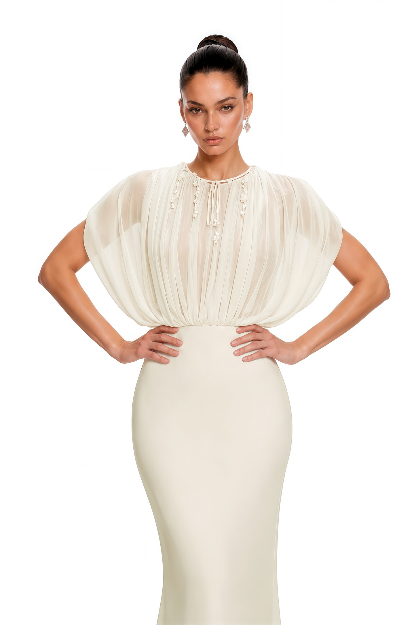 Svetlana File Panelli Krem Dantelli Maxi Elbise