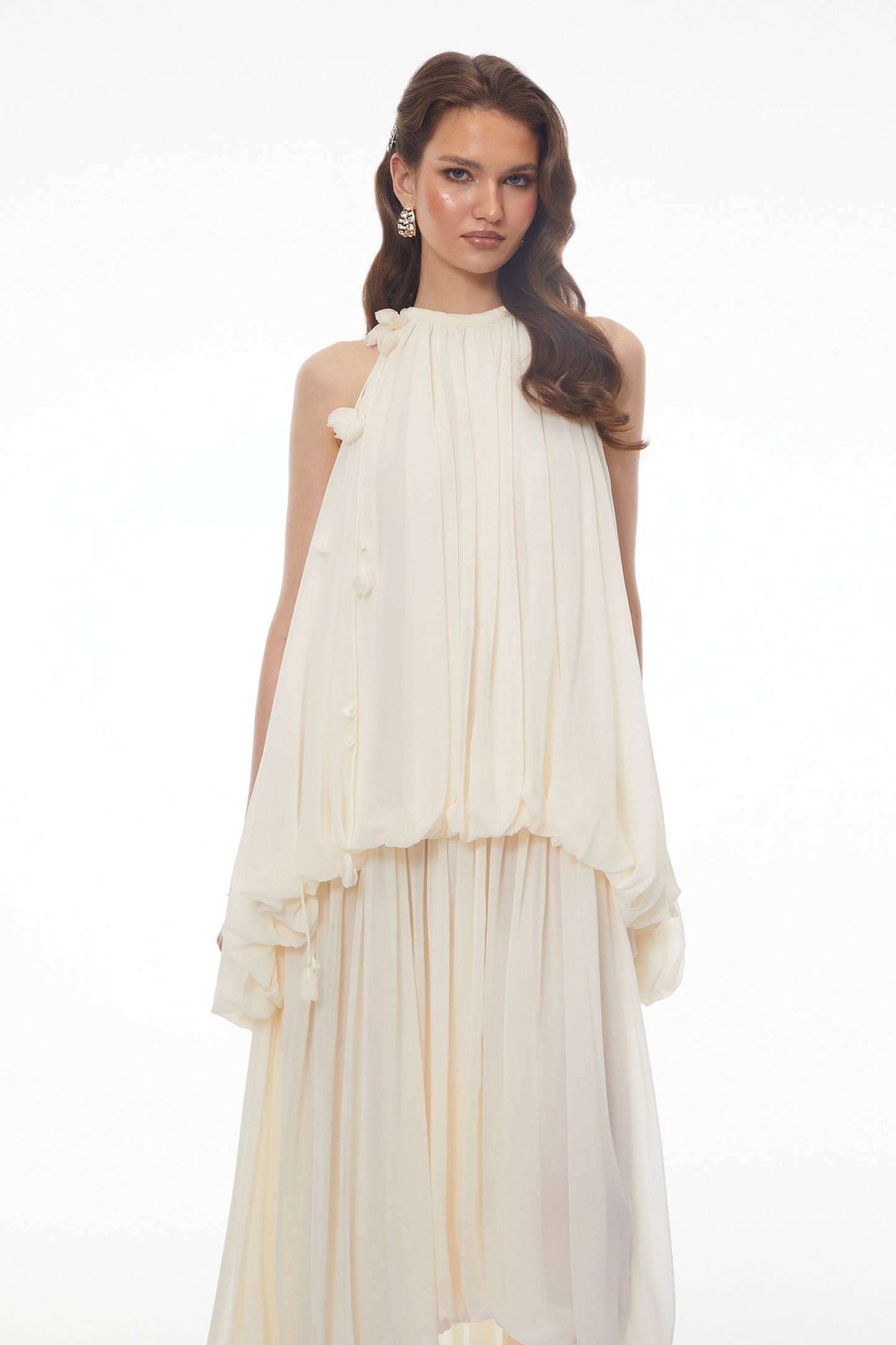 Svetlana White Halterneck Ruched Maxi Dress with 3D Florals